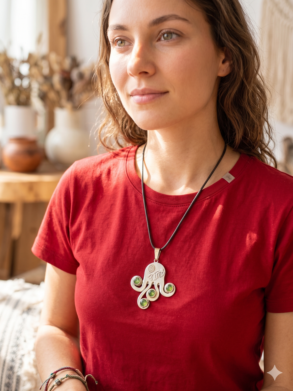 Octopus Necklace Monkey Pendant Nazca Lines Green Stones