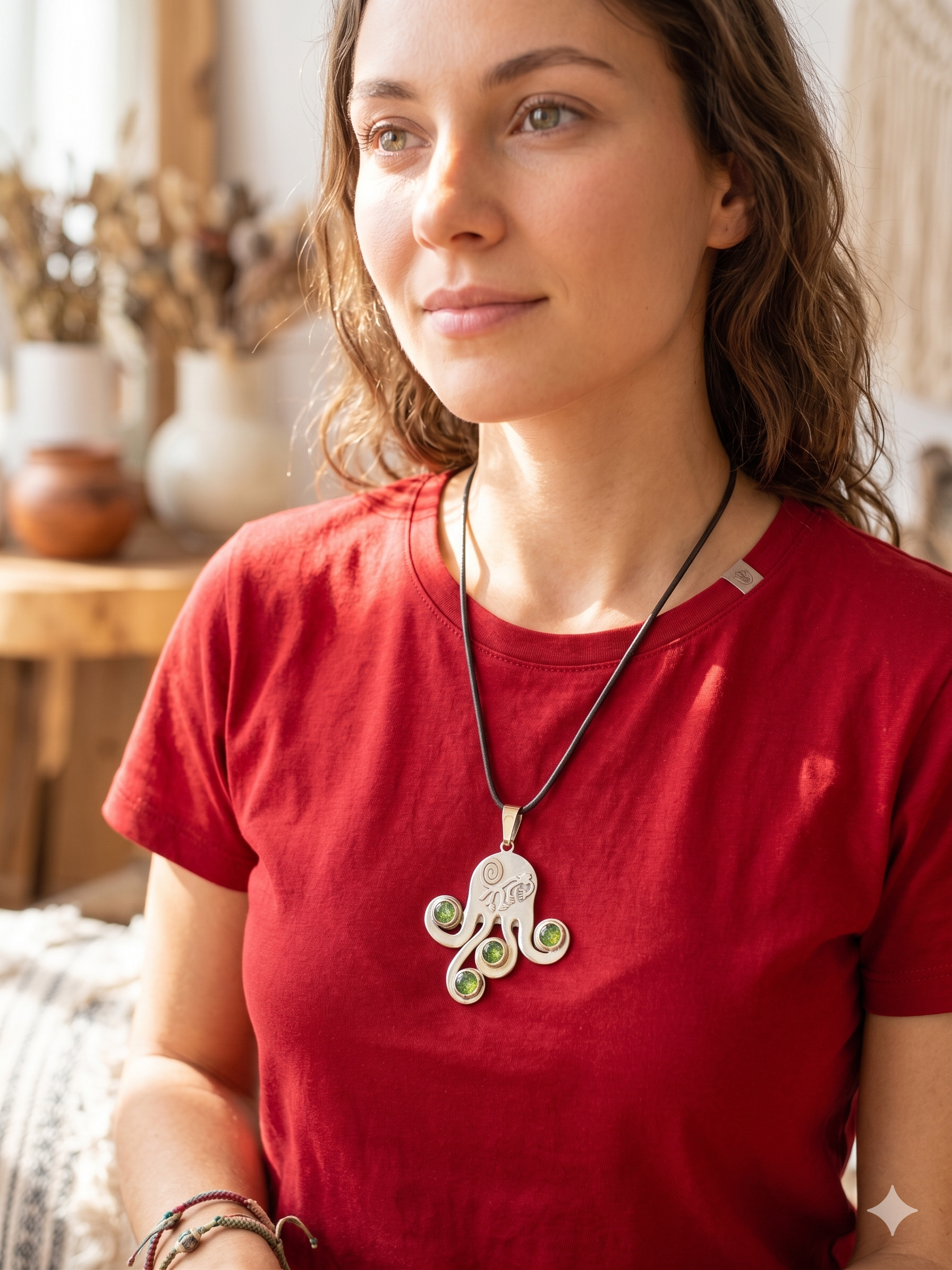 Octopus Necklace Monkey Pendant Nazca Lines Green Stones