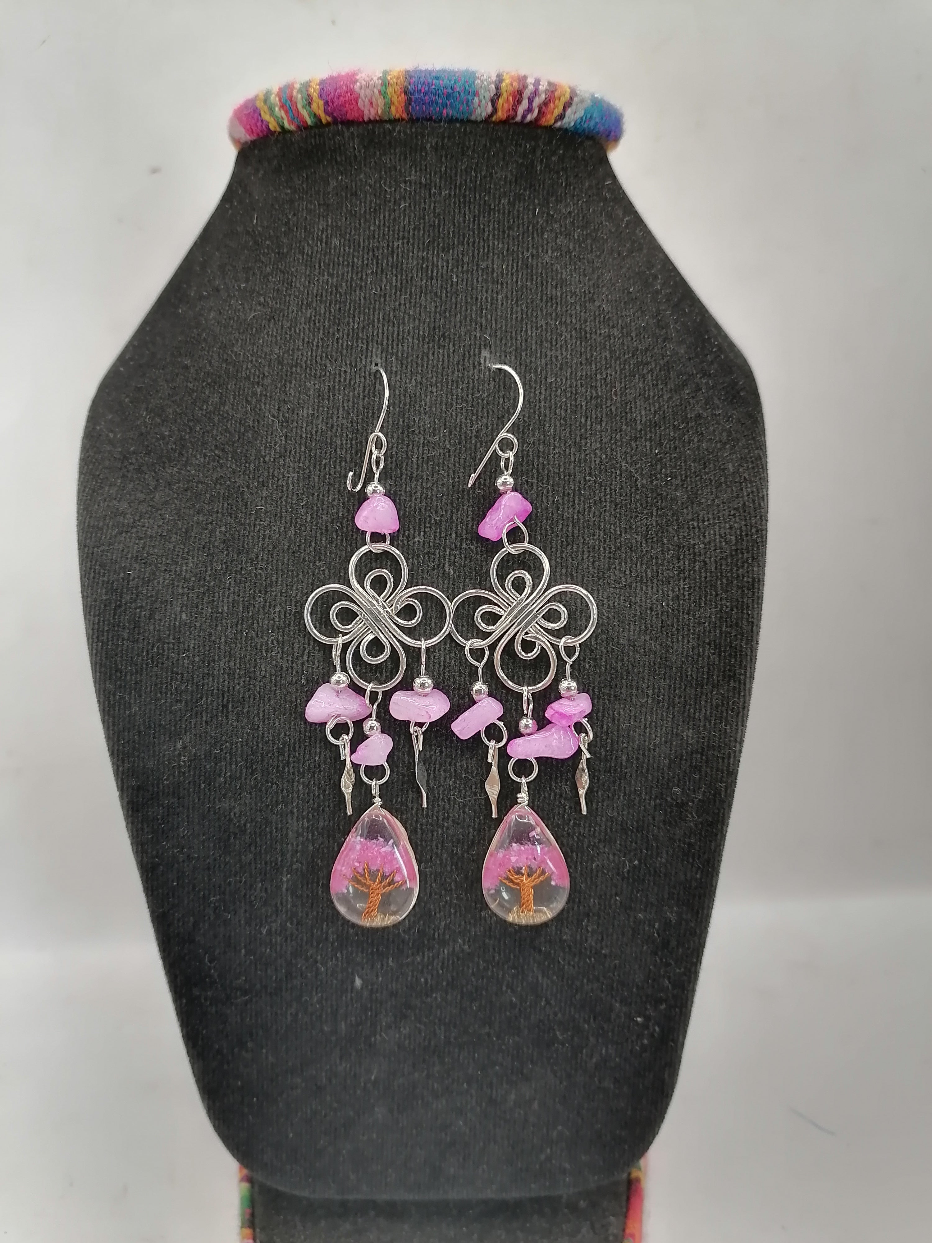 Women's Earrings Alpaca Painted Stone Tree of Life