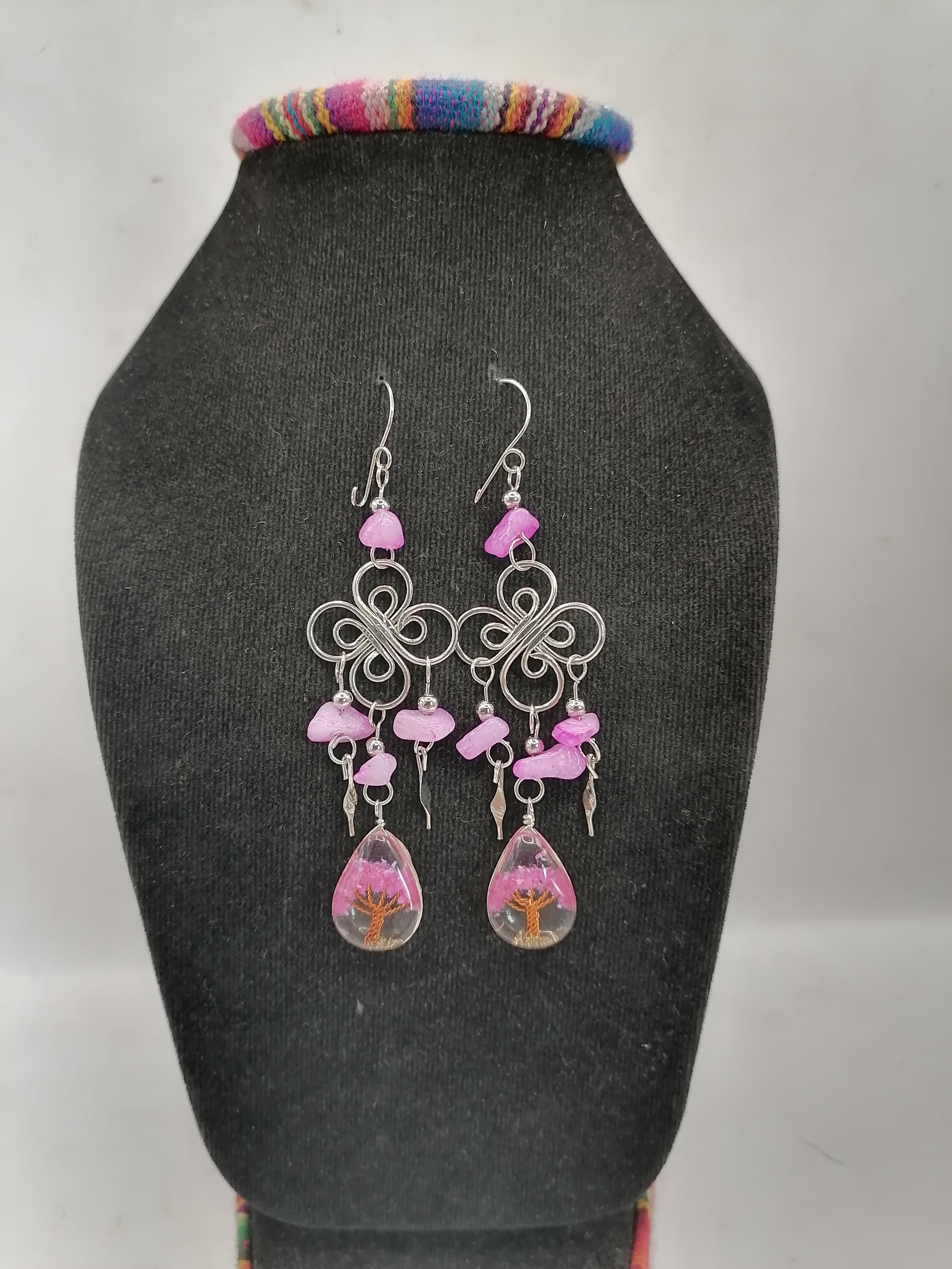 Women's Earrings Alpaca Painted Stone Tree of Life