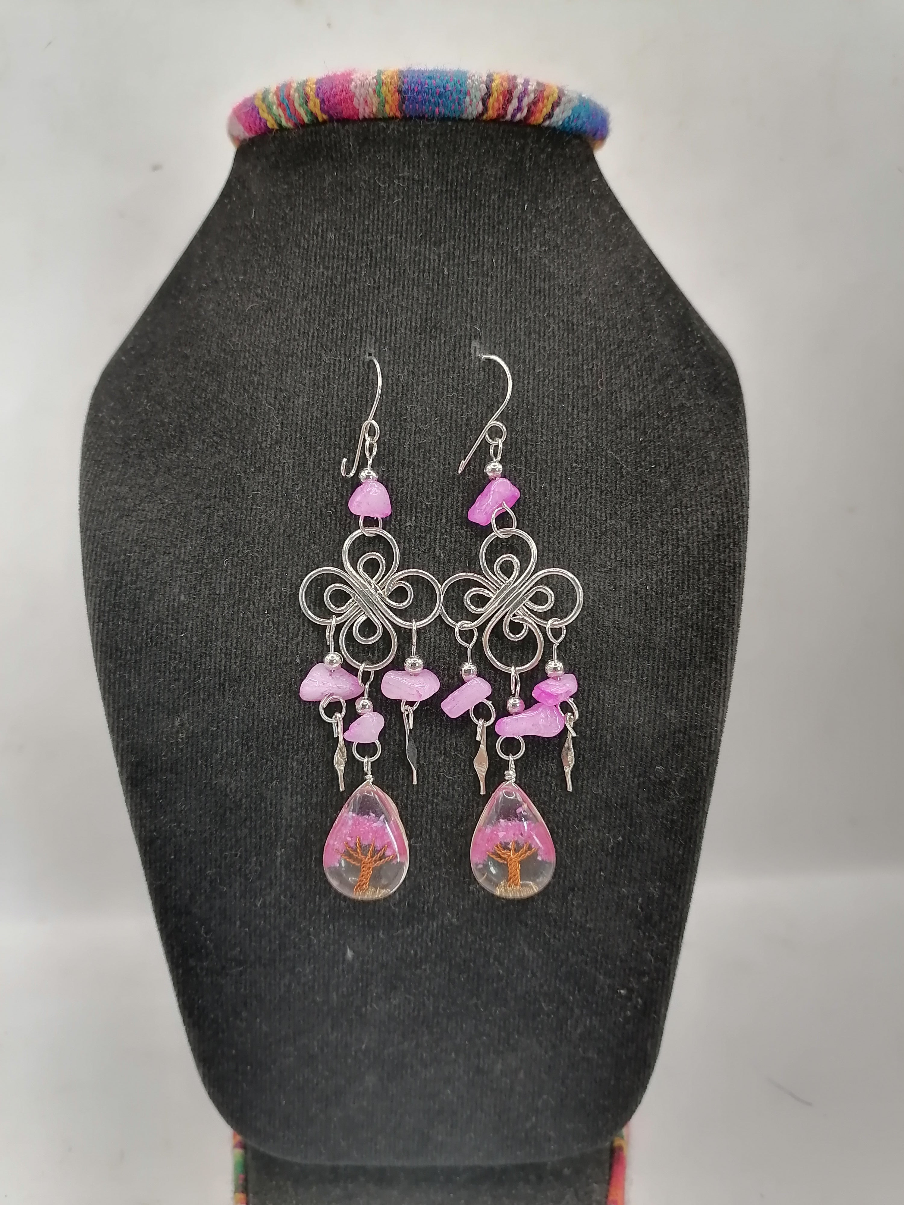 Women's Earrings Alpaca Painted Stone Tree of Life