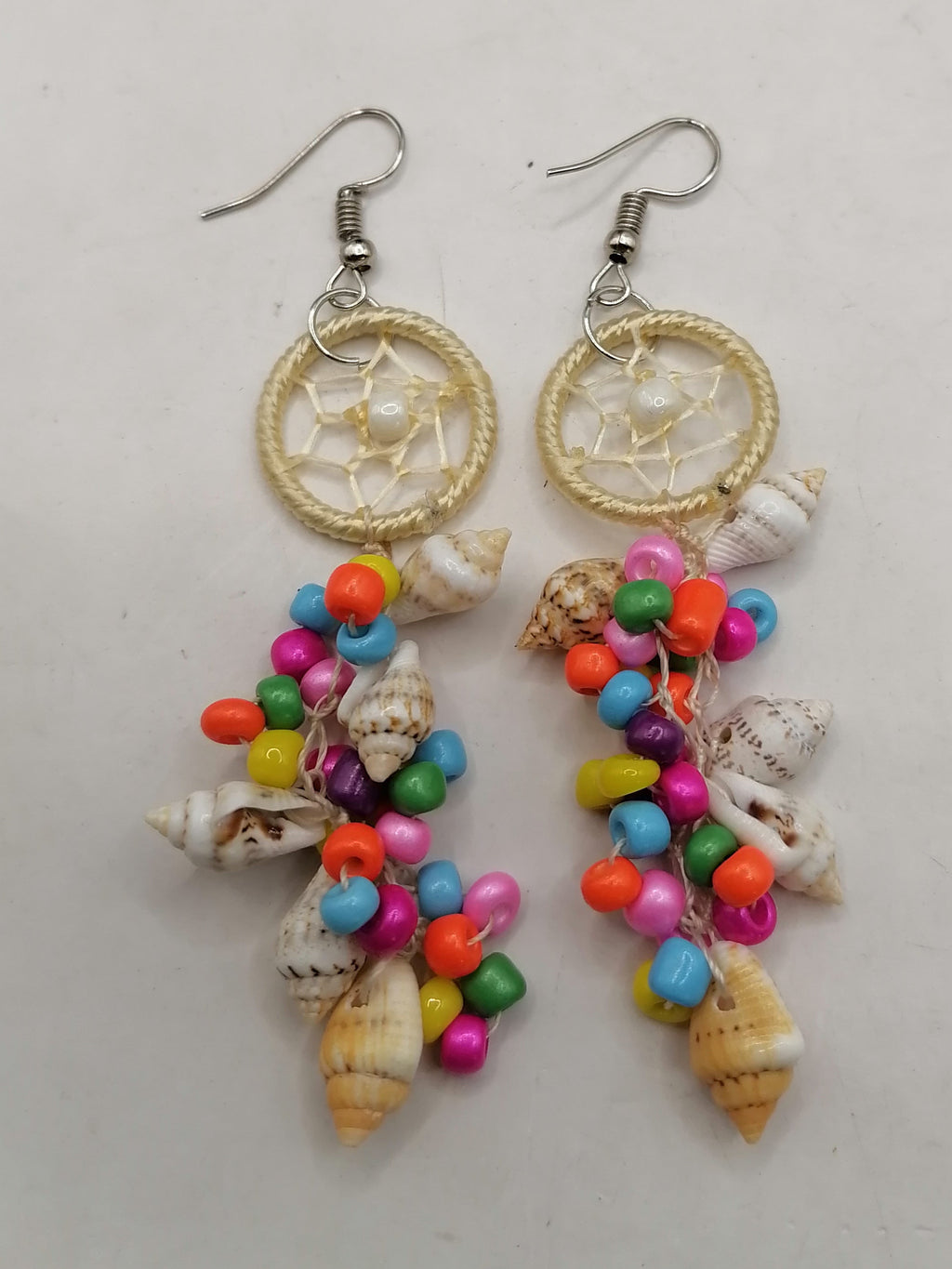 Handmade Mother-of-Pearl Dreamcatcher Earrings with Multicolored Beads