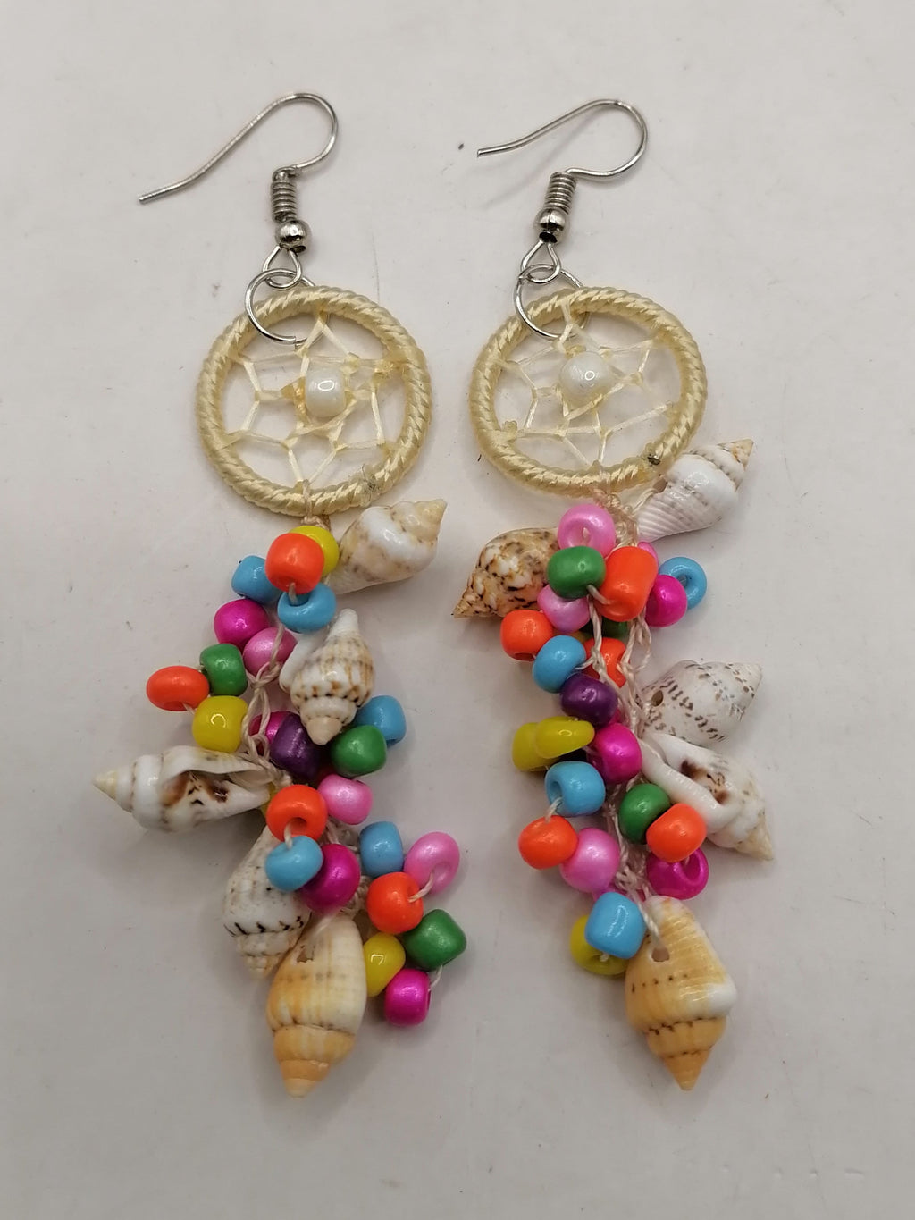 Handmade Mother-of-Pearl Dreamcatcher Earrings with Multicolored Beads
