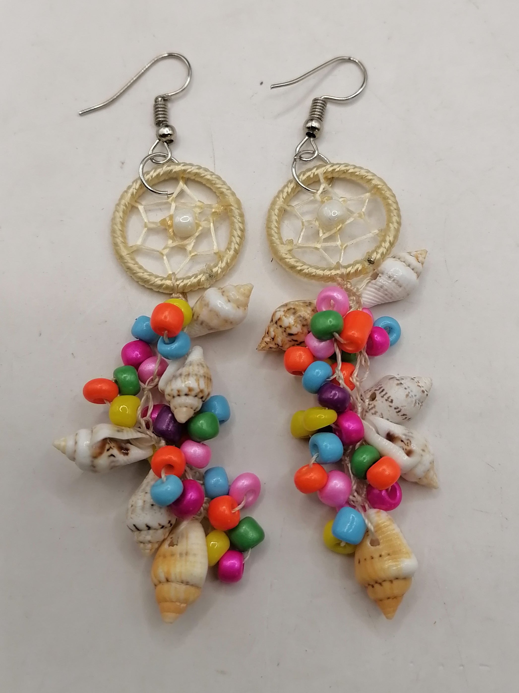 Handmade Mother-of-Pearl Dreamcatcher Earrings with Multicolored Beads