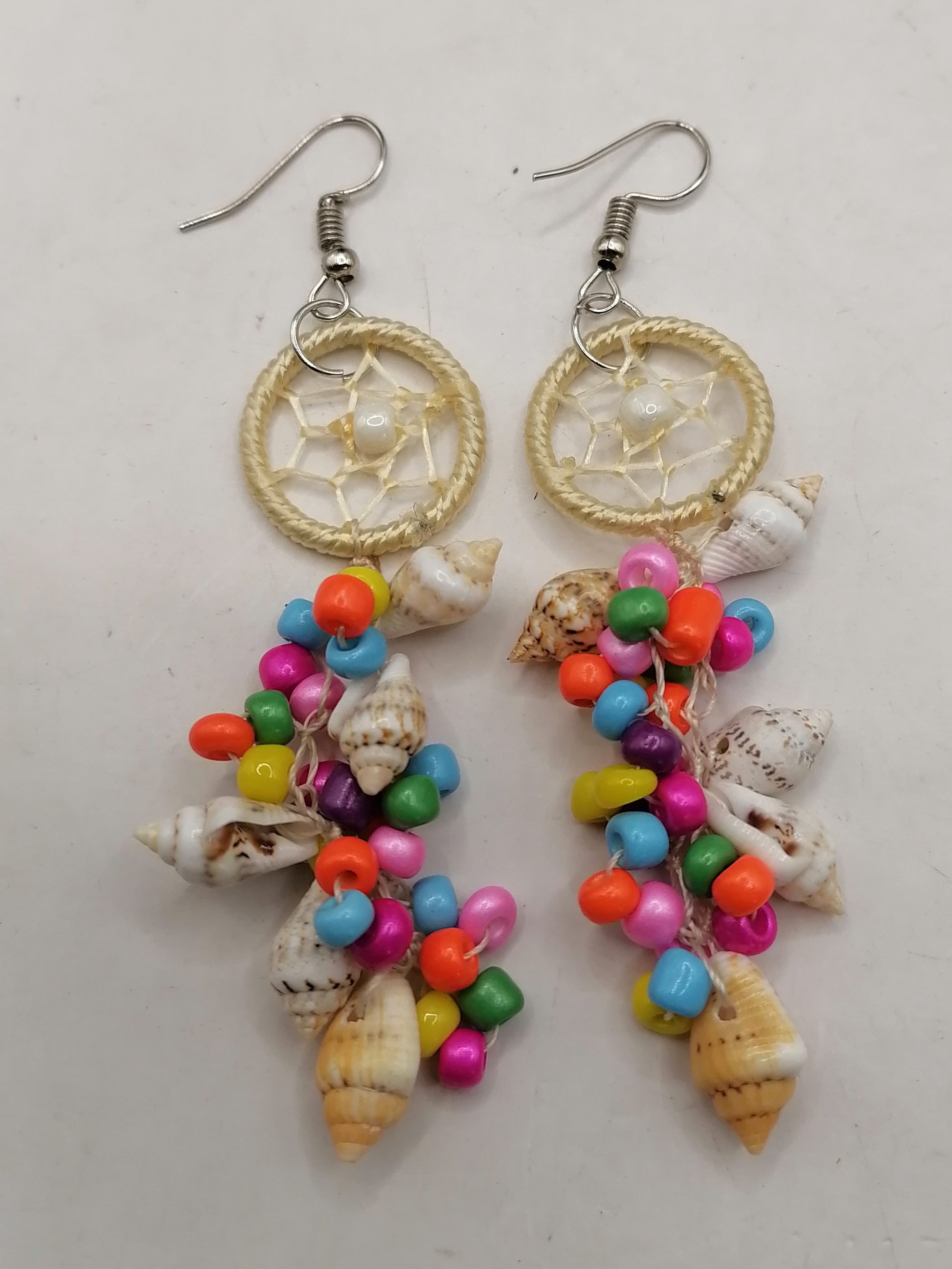 Handmade Mother-of-Pearl Dreamcatcher Earrings with Multicolored Beads
