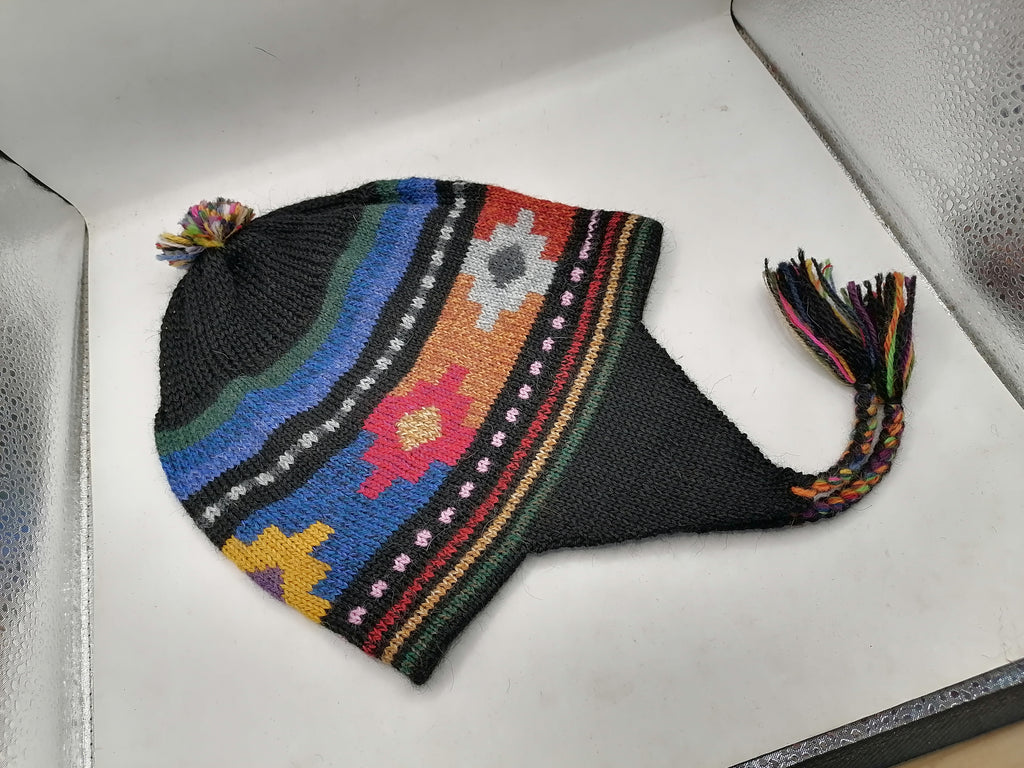 Unisex Knitted Wool Chullo for Warm Winter in Cusco with Inca Chakana