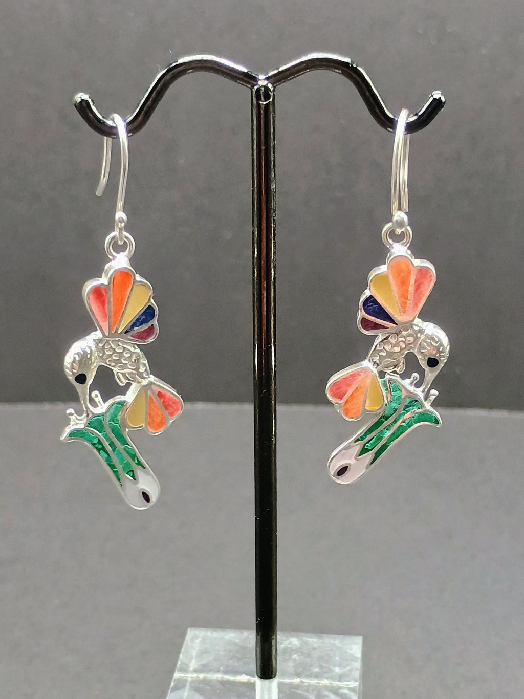 950 Silver Earrings Hummingbird Inlaid Stone Peruvian Handicraft