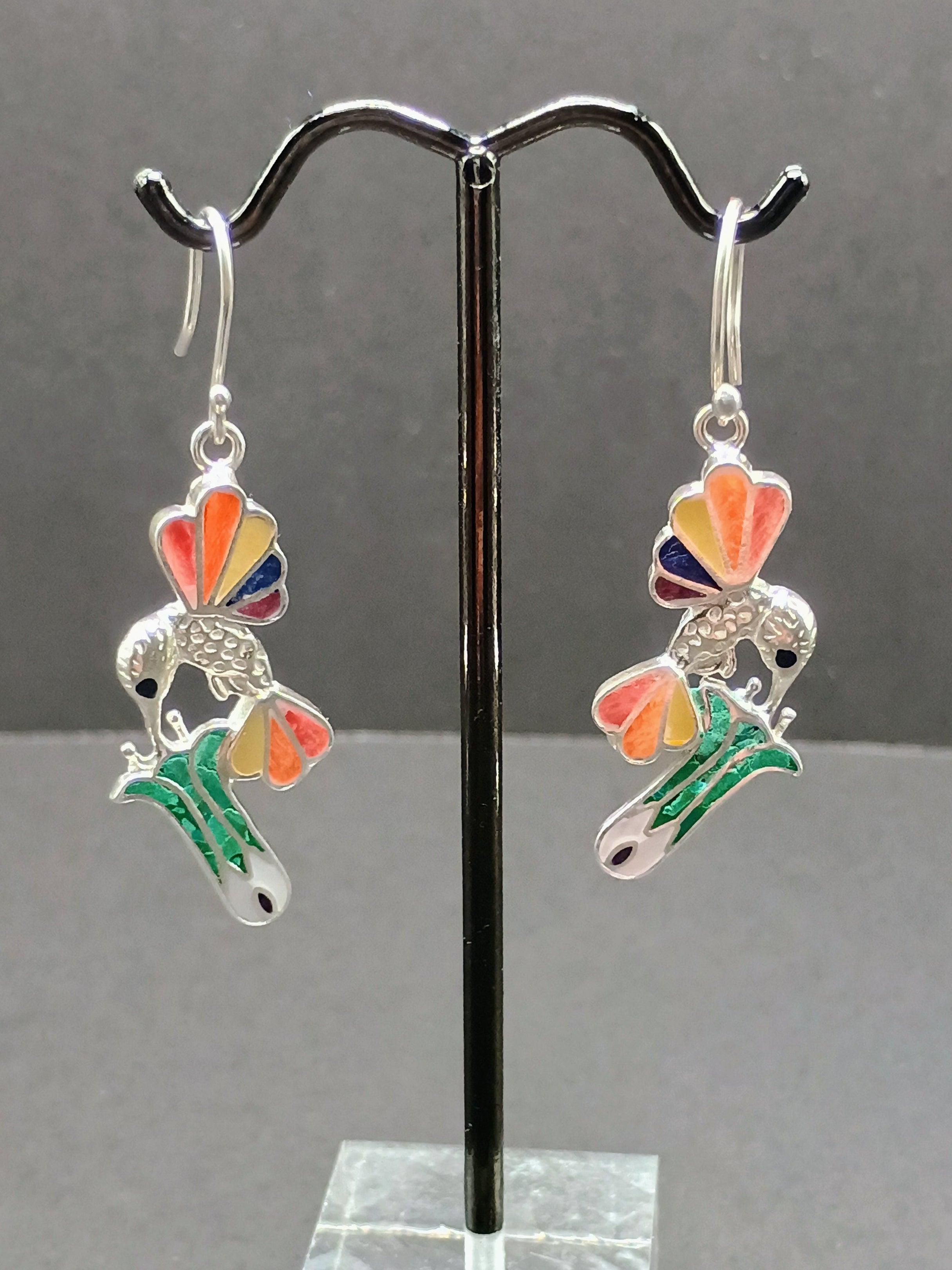 950 Silver Earrings Hummingbird Inlaid Stone Peruvian Handicraft