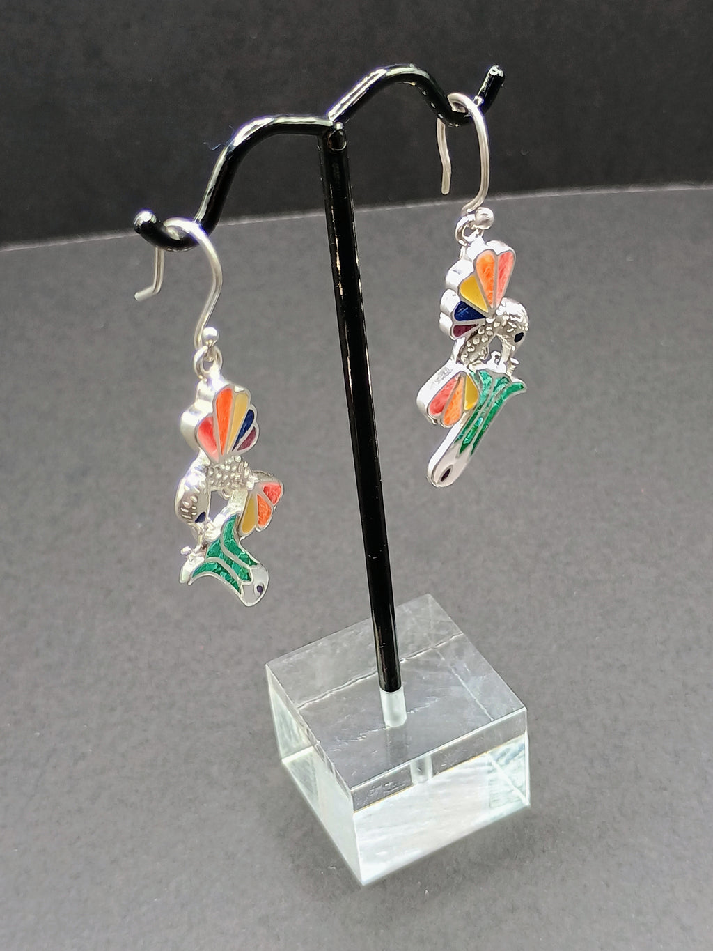 950 Silver Earrings Hummingbird Inlaid Stone Peruvian Handicraft