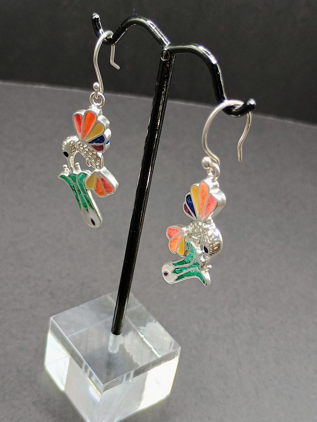 950 Silver Earrings Hummingbird Inlaid Stone Peruvian Handicraft