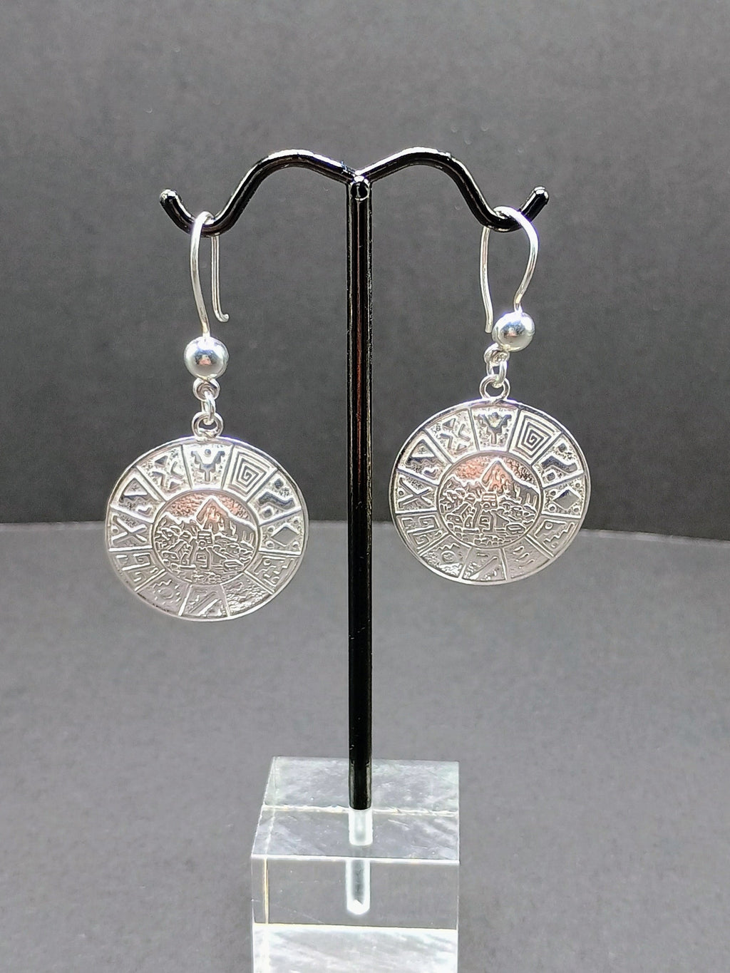 Sterling Silver 950 Earrings, Inca Calendar Design, Peruvian Handicraft
