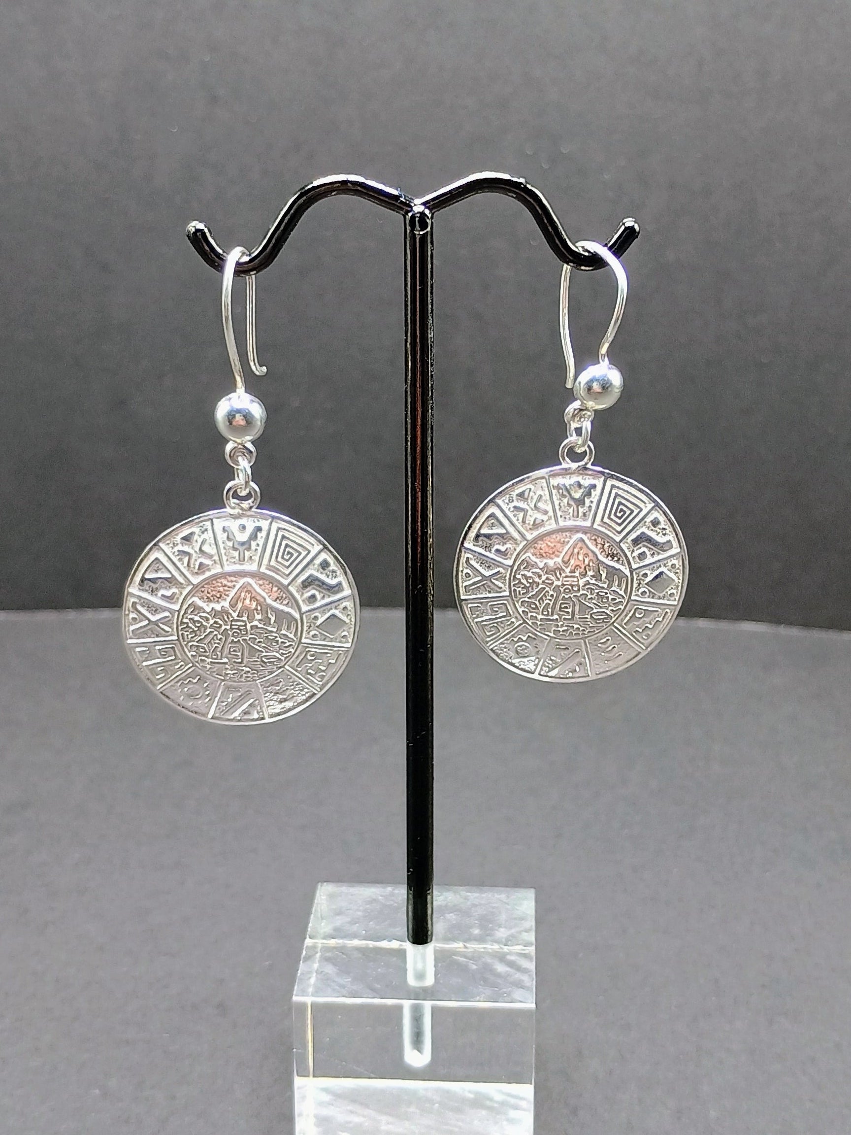 Sterling Silver 950 Earrings, Inca Calendar Design, Peruvian Handicraft