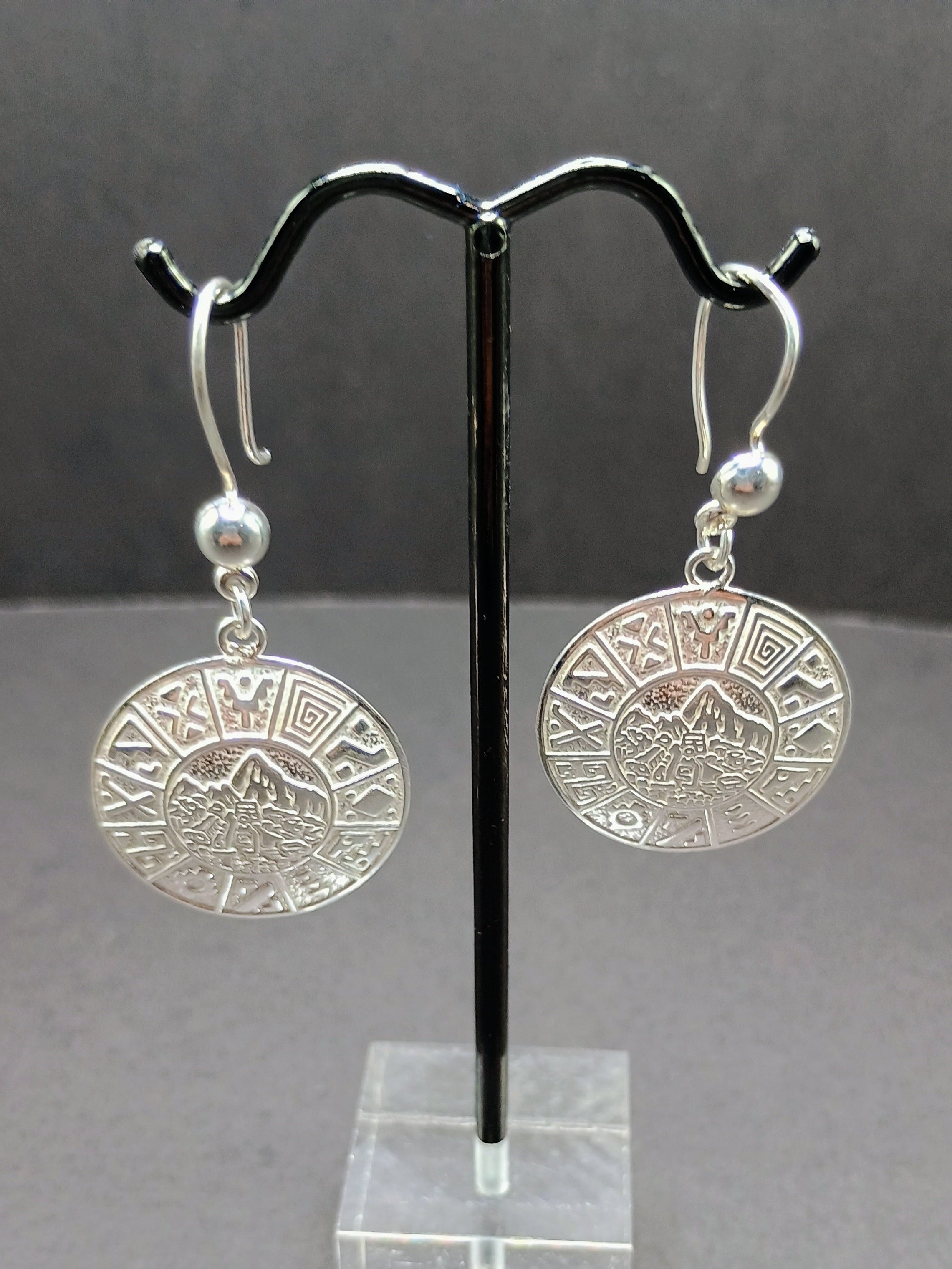 Sterling Silver 950 Earrings, Inca Calendar Design, Peruvian Handicraft