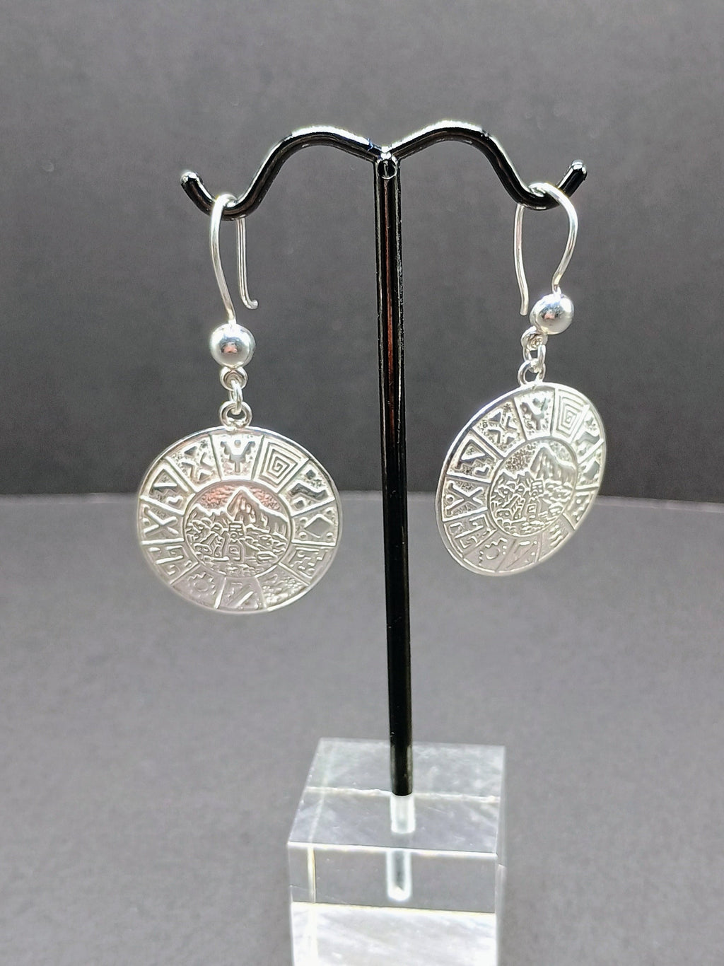 Sterling Silver 950 Earrings, Inca Calendar Design, Peruvian Handicraft