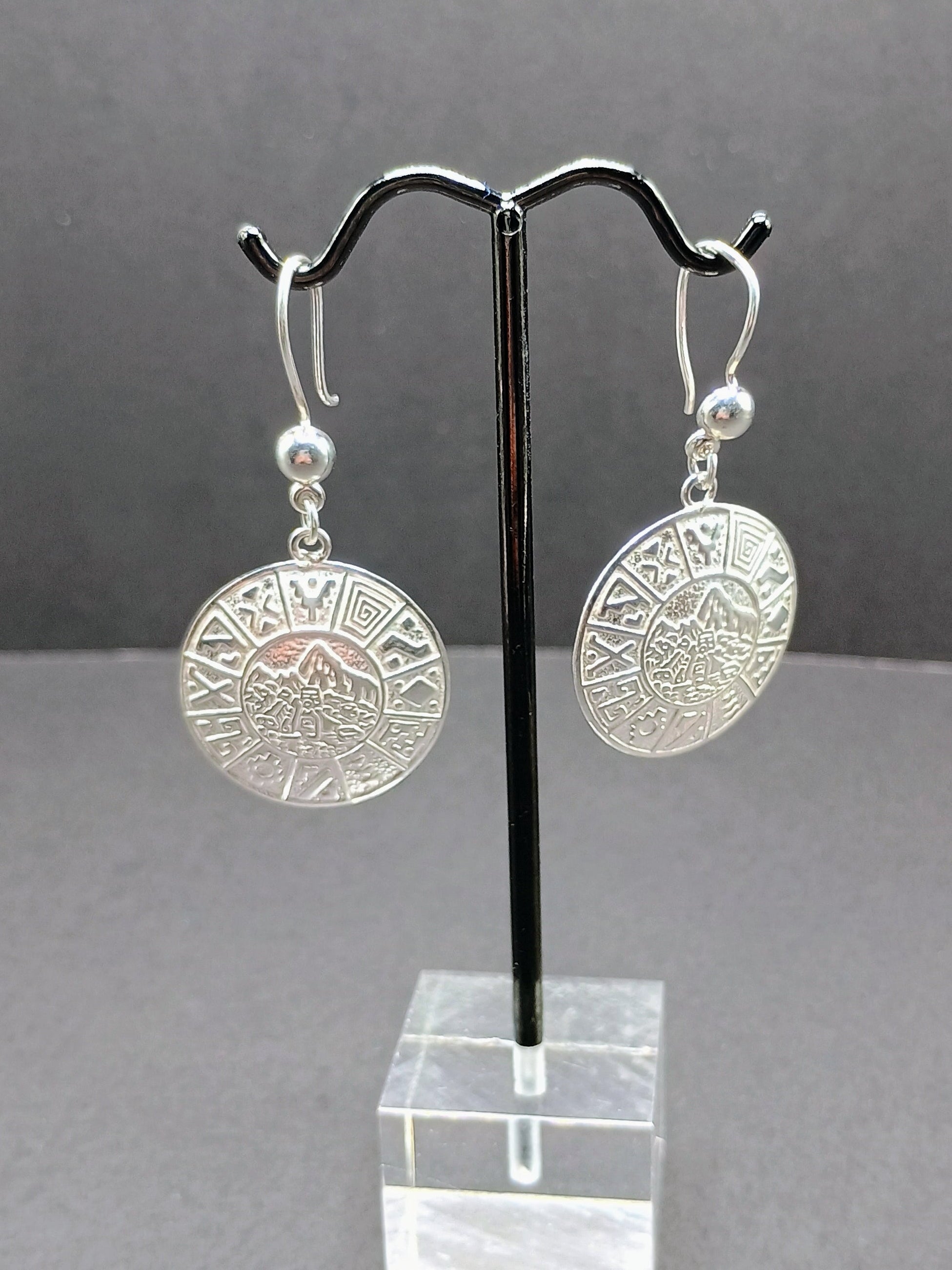 Sterling Silver 950 Earrings, Inca Calendar Design, Peruvian Handicraft