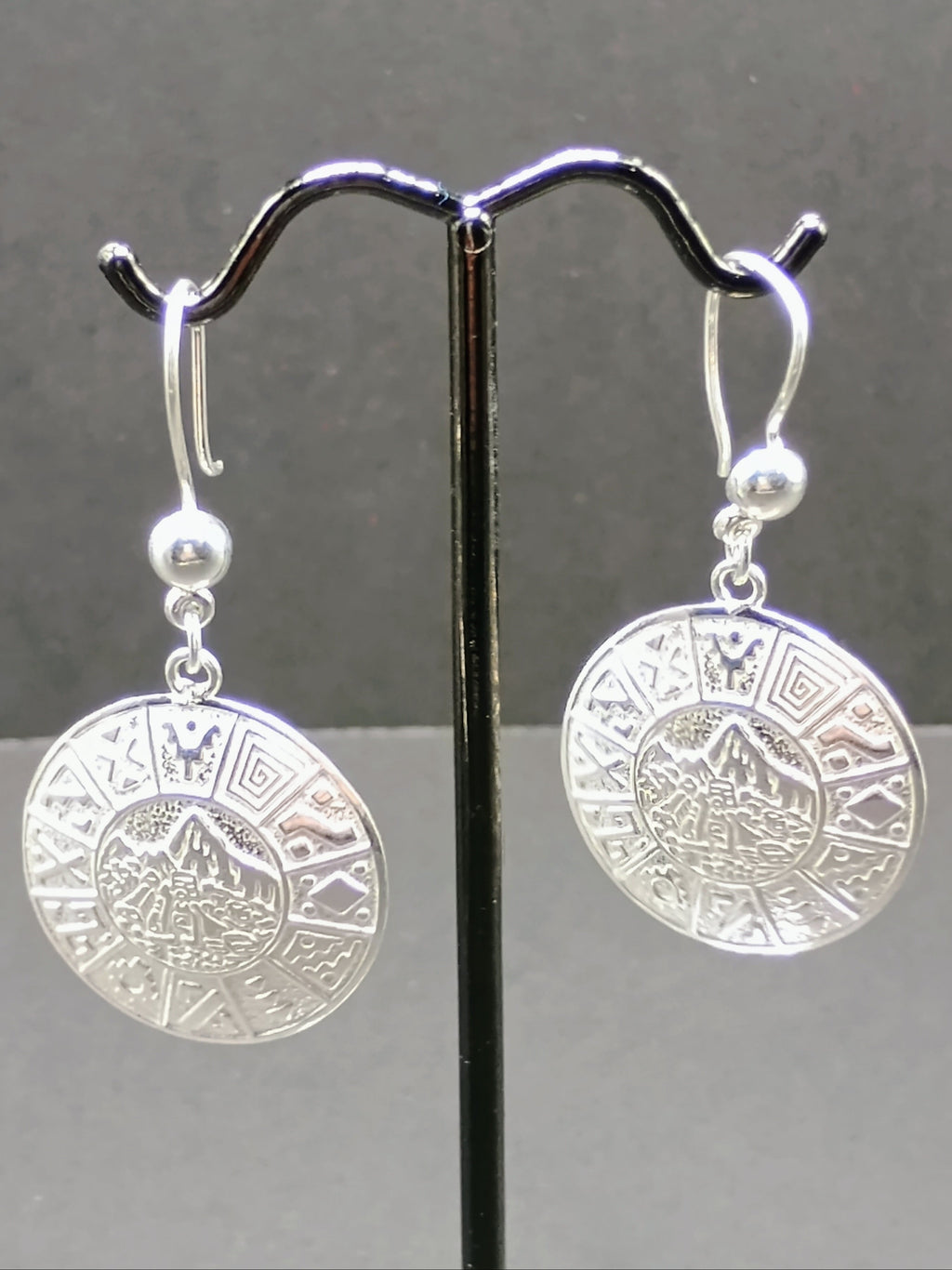Sterling Silver 950 Earrings, Inca Calendar Design, Peruvian Handicraft
