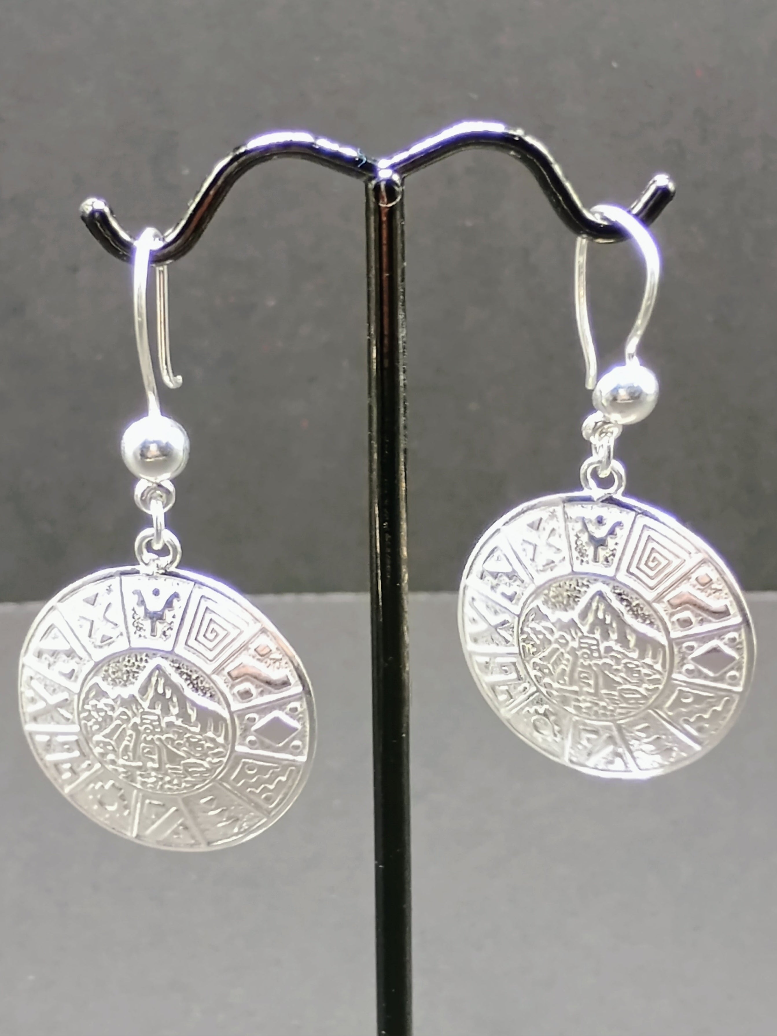 Sterling Silver 950 Earrings, Inca Calendar Design, Peruvian Handicraft