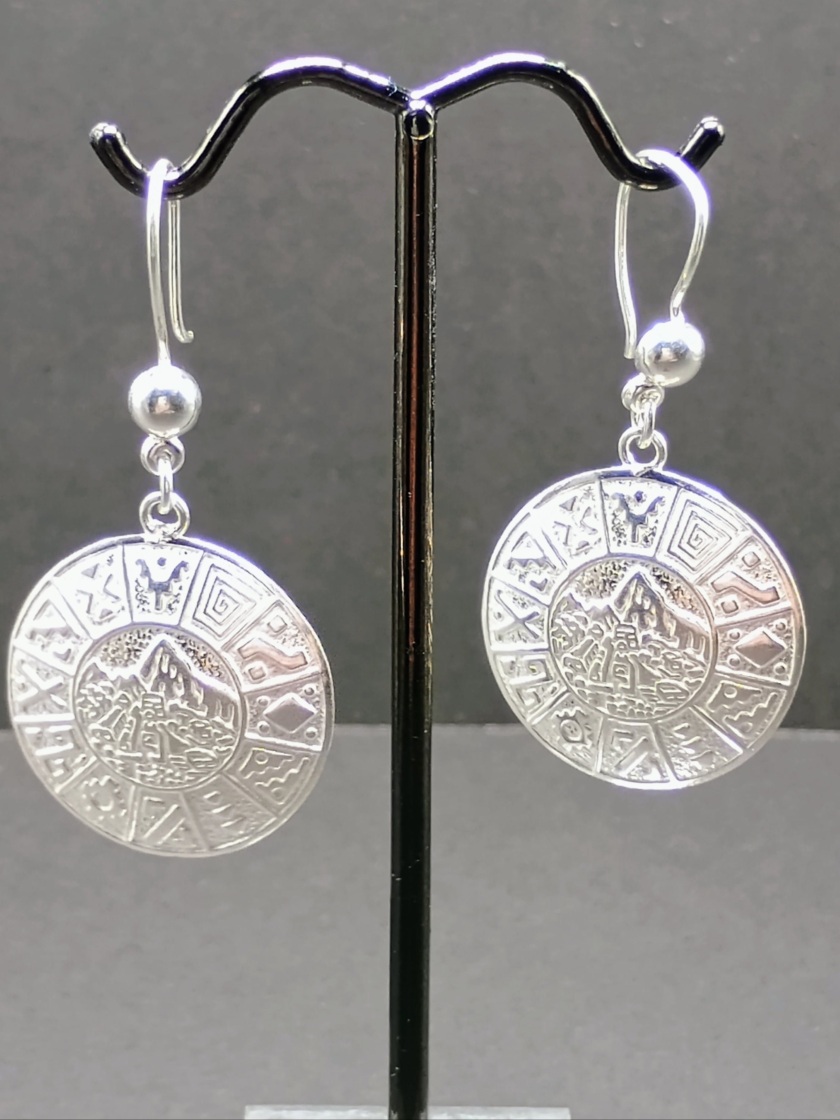 Sterling Silver 950 Earrings, Inca Calendar Design, Peruvian Handicraft