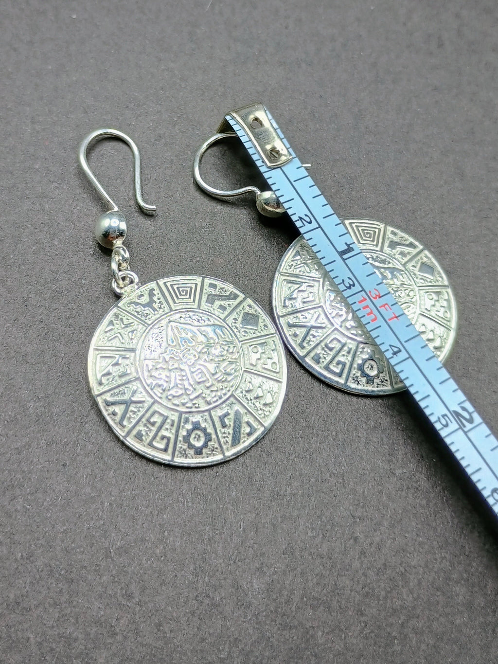 Sterling Silver 950 Earrings, Inca Calendar Design, Peruvian Handicraft