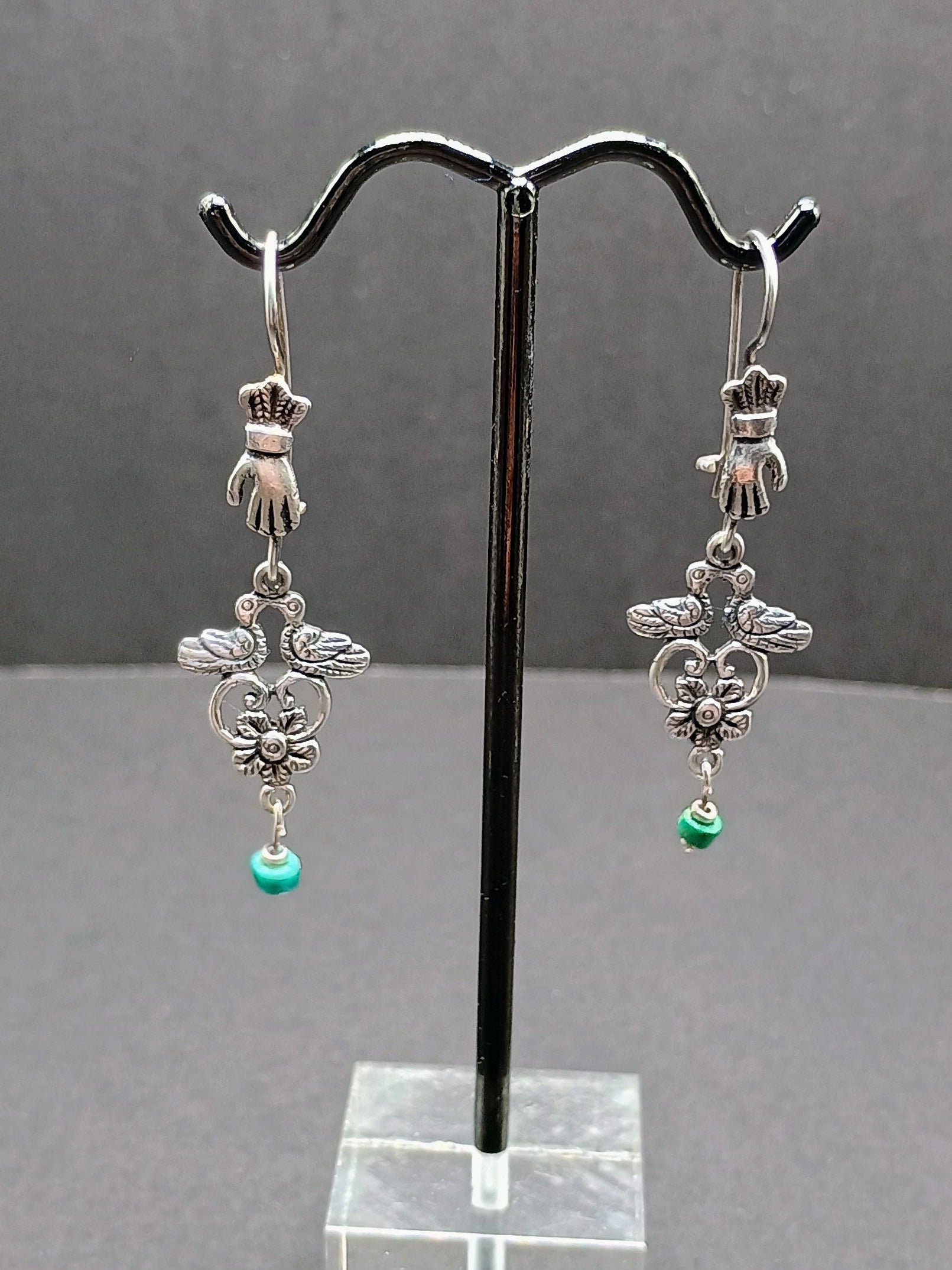 Sterling Silver 950 Earrings for Women, Unique Design, Two Birds, Powerful Hand