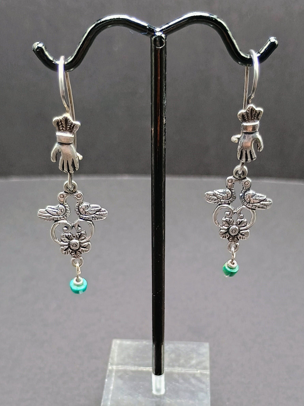 Sterling Silver 950 Earrings for Women, Unique Design, Two Birds, Powerful Hand