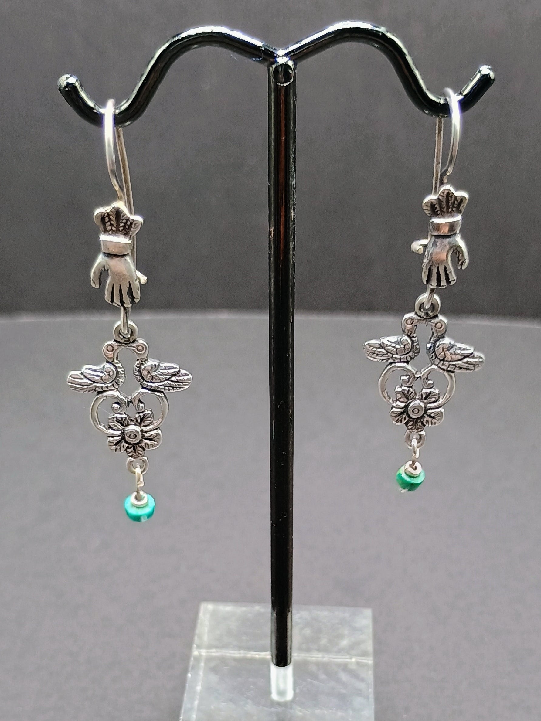 Sterling Silver 950 Earrings for Women, Unique Design, Two Birds, Powerful Hand