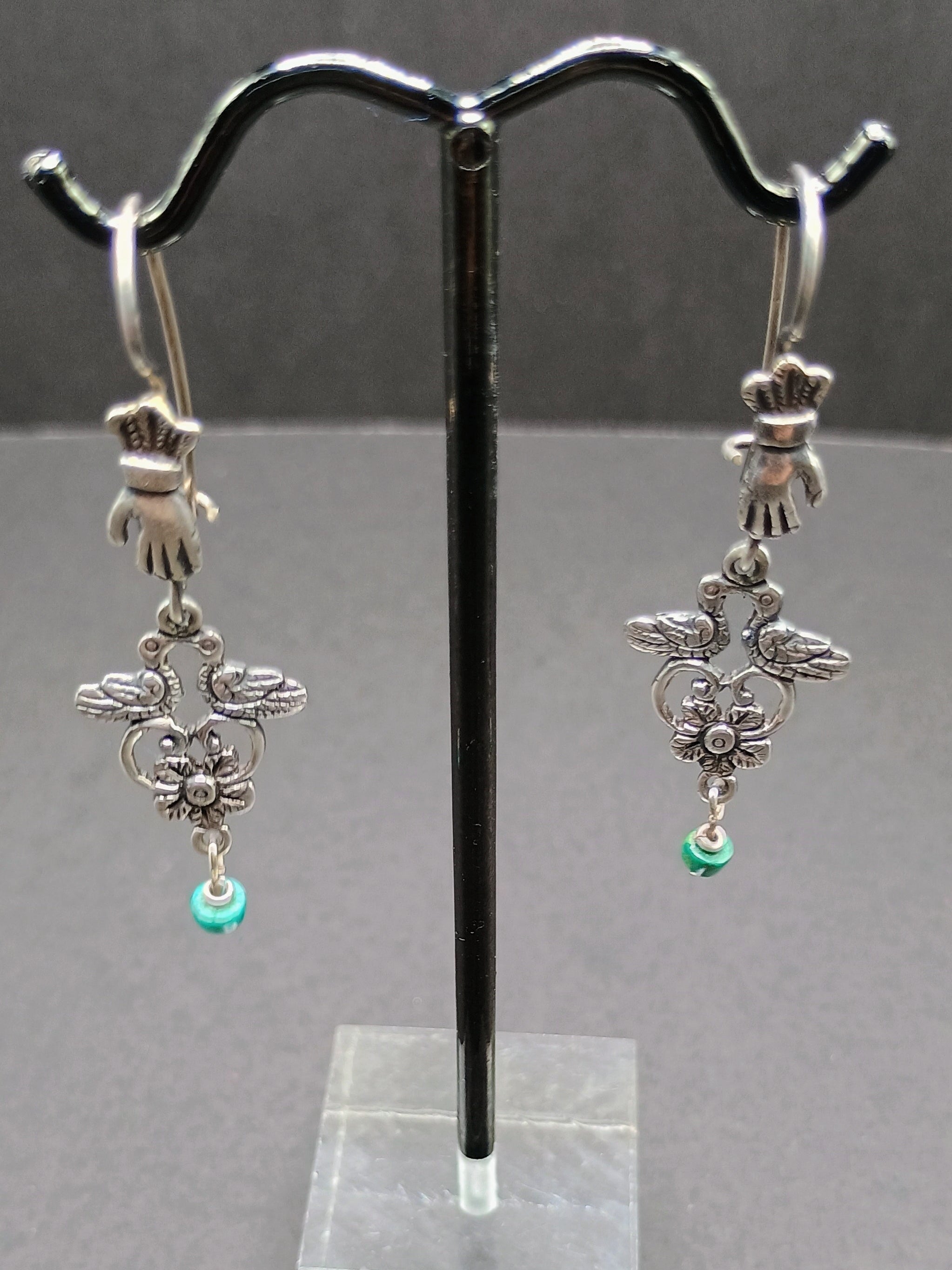 Sterling Silver 950 Earrings for Women, Unique Design, Two Birds, Powerful Hand