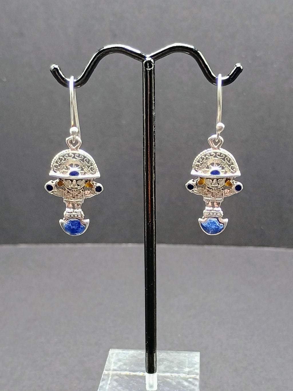 Sterling Silver 950 Earrings, Tumi Design with Inlaid Stones