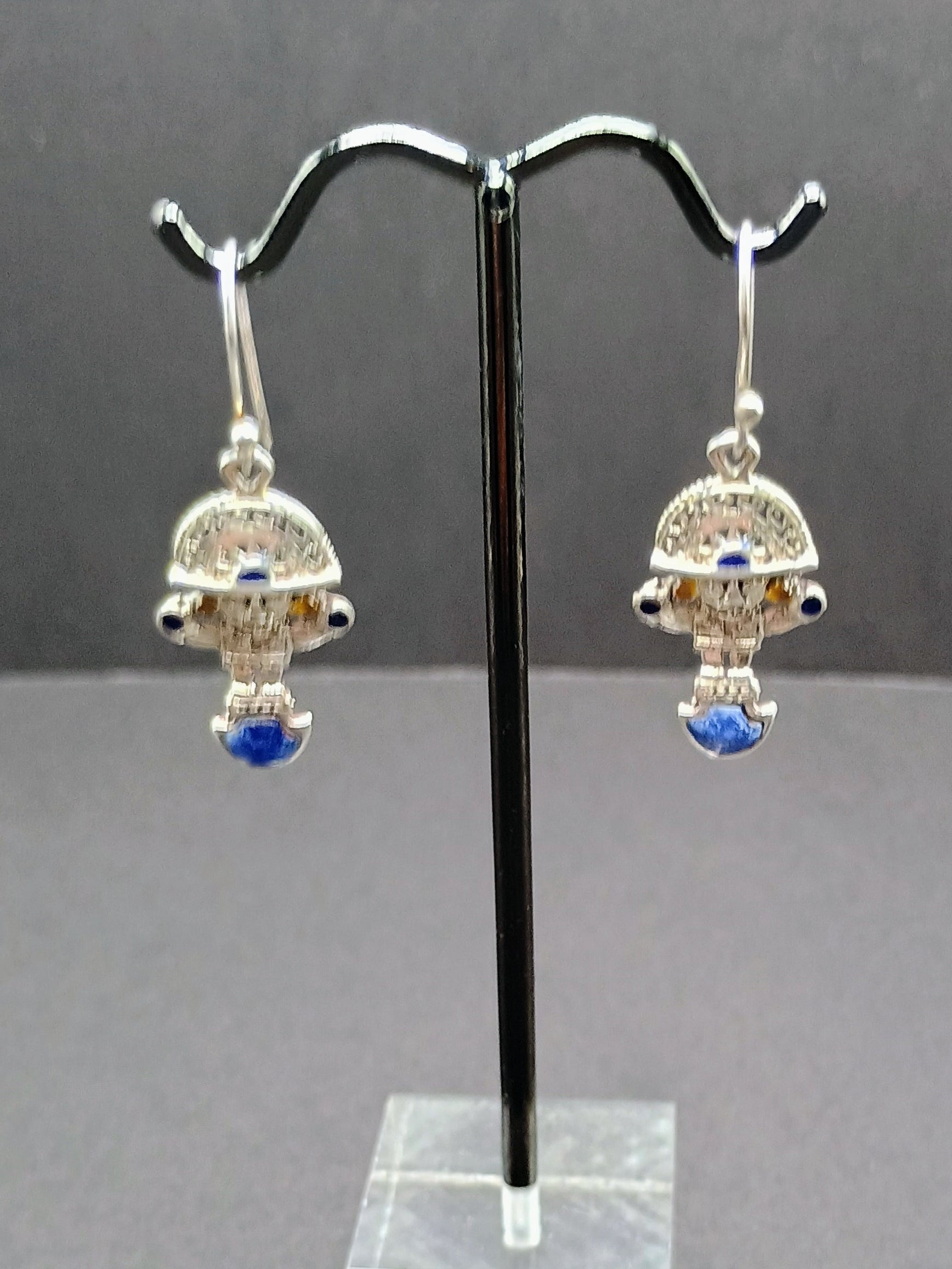 Sterling Silver 950 Earrings, Tumi Design with Inlaid Stones