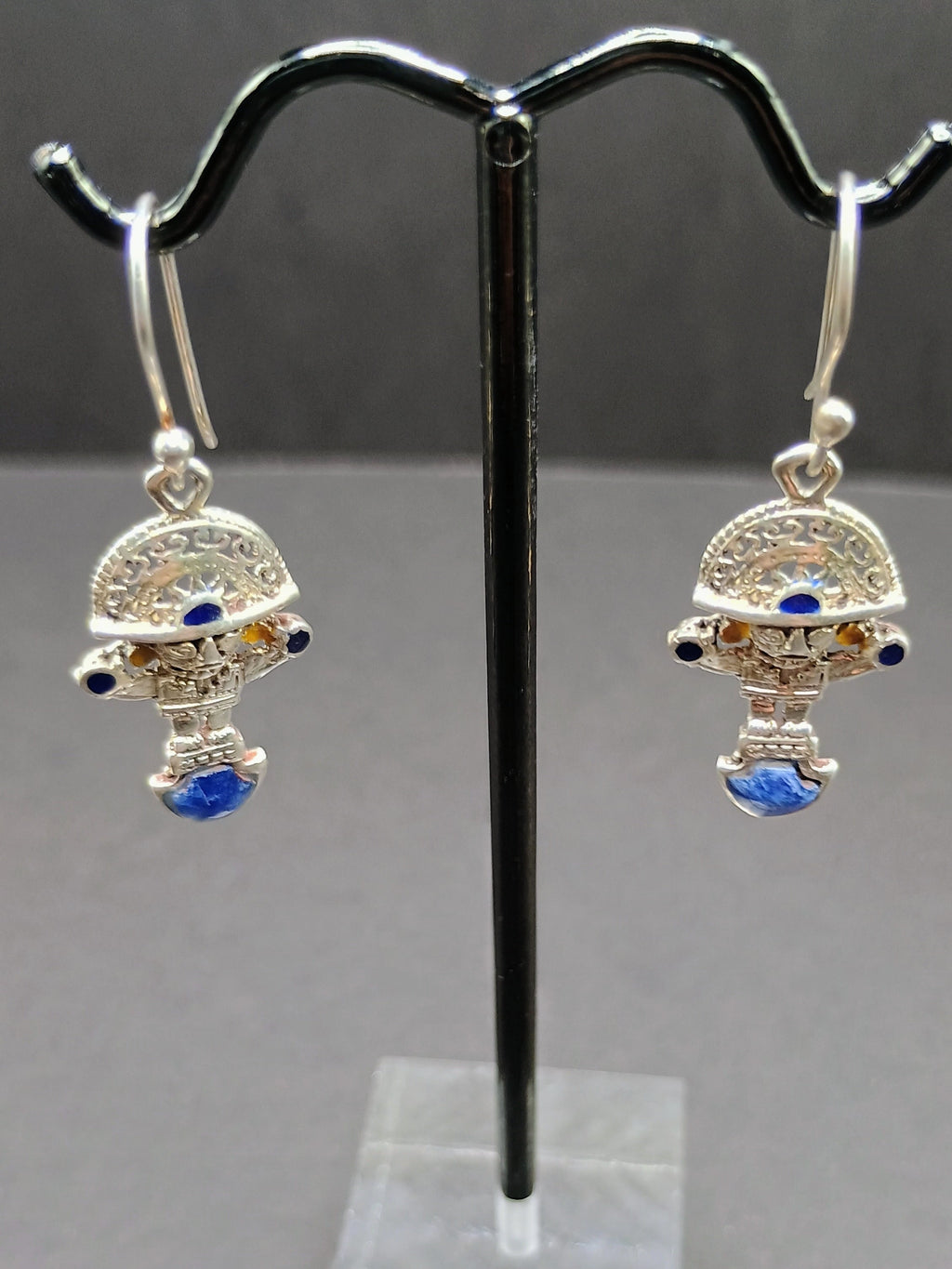 Sterling Silver 950 Earrings, Tumi Design with Inlaid Stones