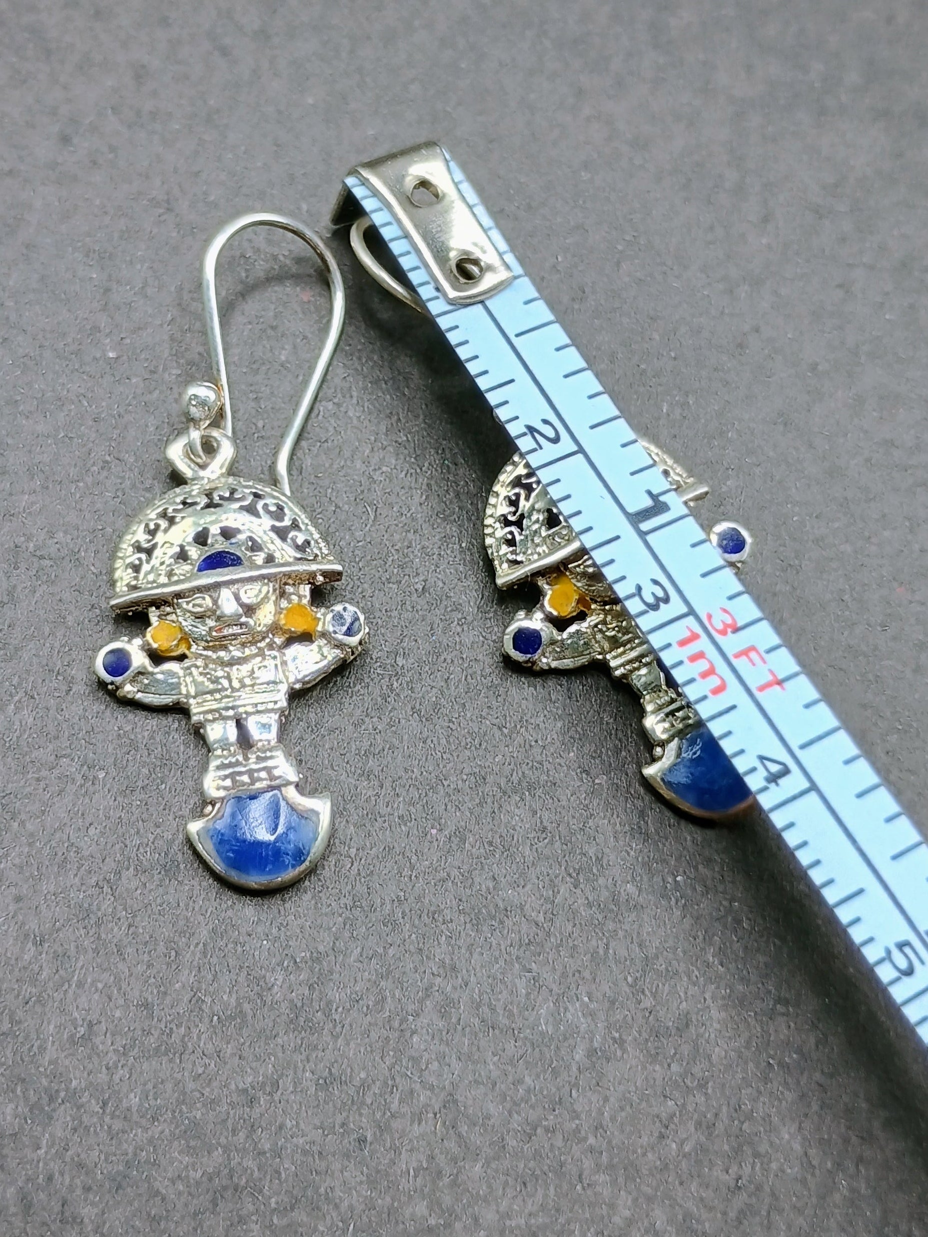 Sterling Silver 950 Earrings, Tumi Design with Inlaid Stones
