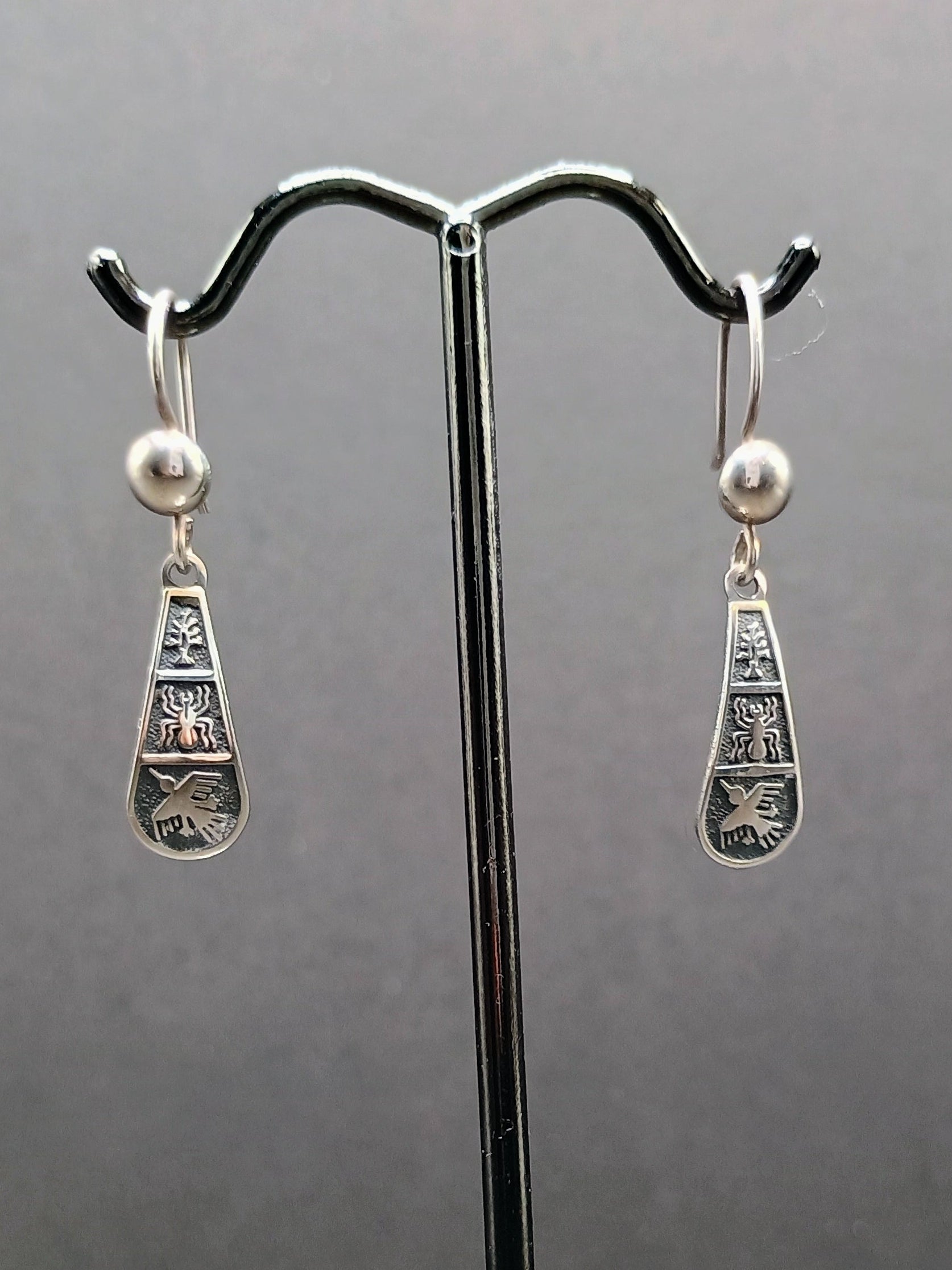 Sterling Silver 950 Earrings for Women, Nazca Lines, Hummingbird, Spider, Andean Inca Design