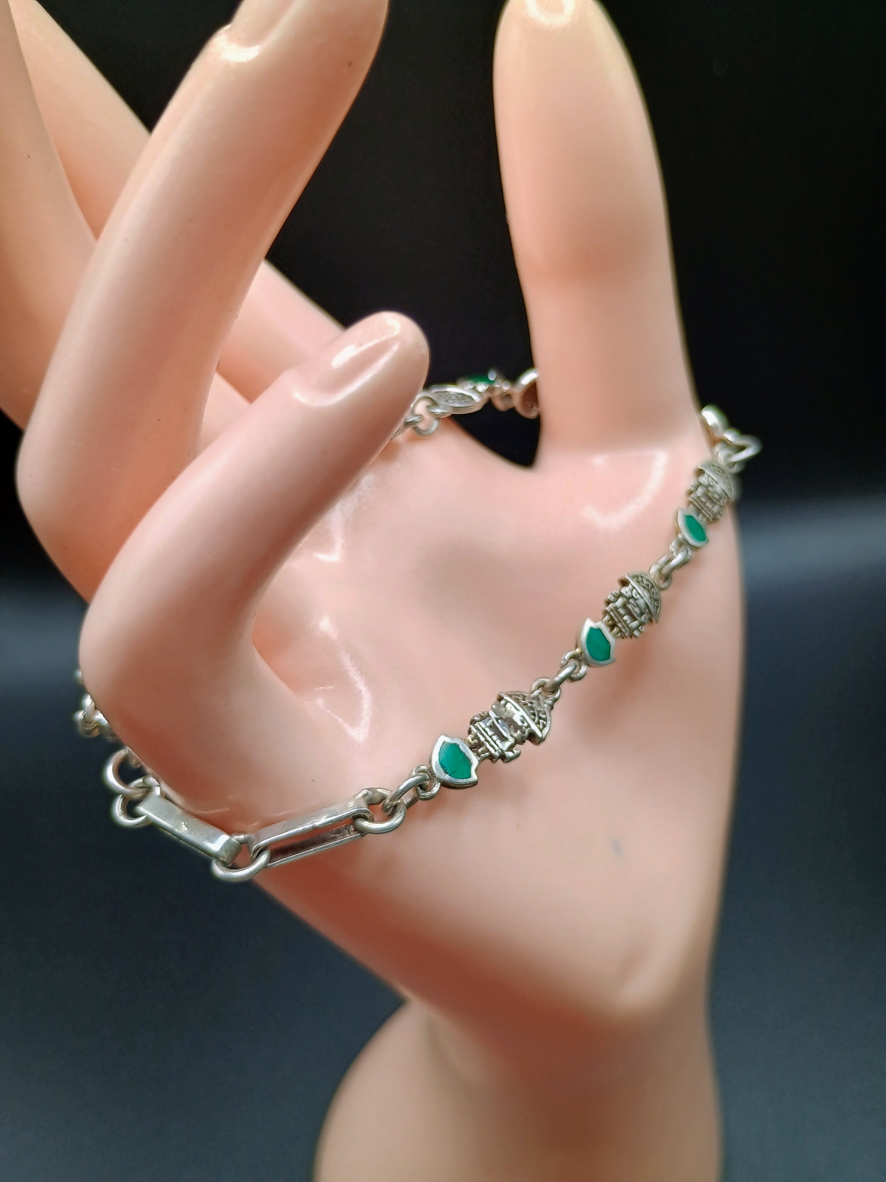 Unisex Handmade Bracelet in 950 Sterling Silver with Tumi Design and Inlaid Stone