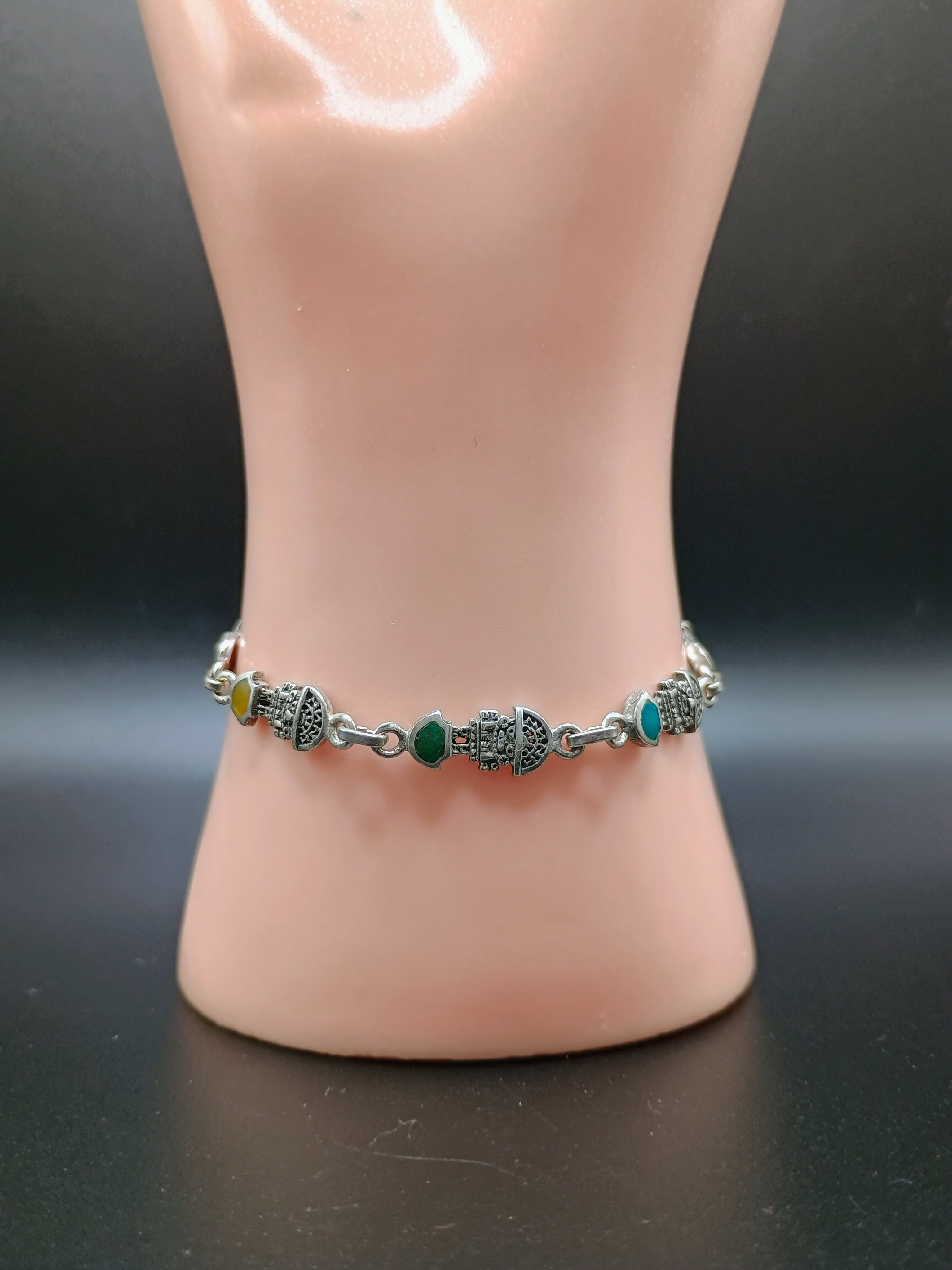 Unisex Handmade Bracelet in 950 Sterling Silver with Tumi Design and Inlaid Stone