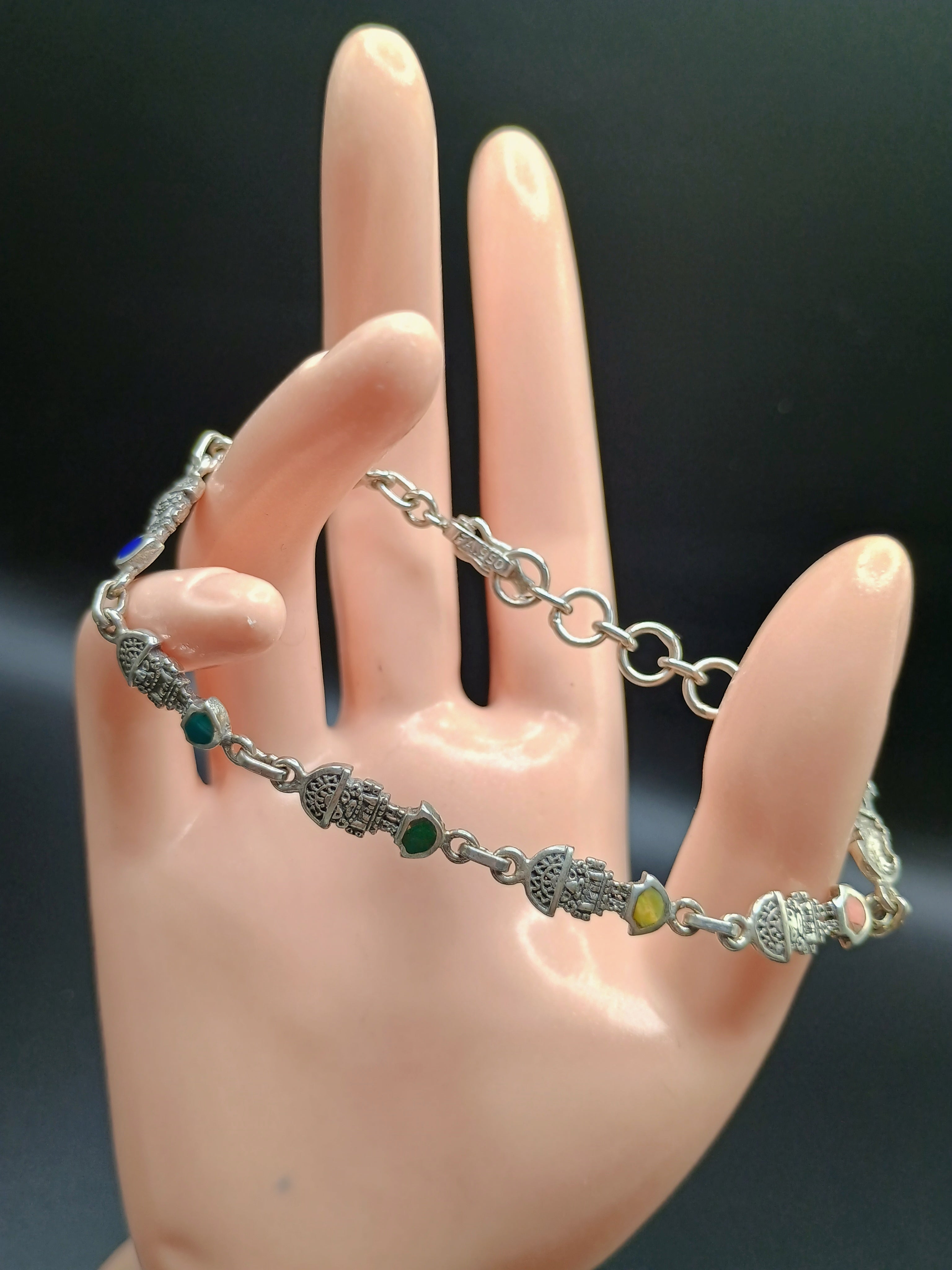 Unisex Handmade Bracelet in 950 Sterling Silver with Tumi Design and Inlaid Stone