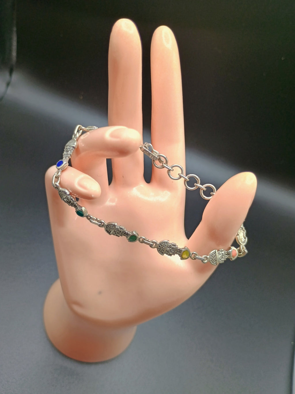 Unisex Handmade Bracelet in 950 Sterling Silver with Tumi Design and Inlaid Stone