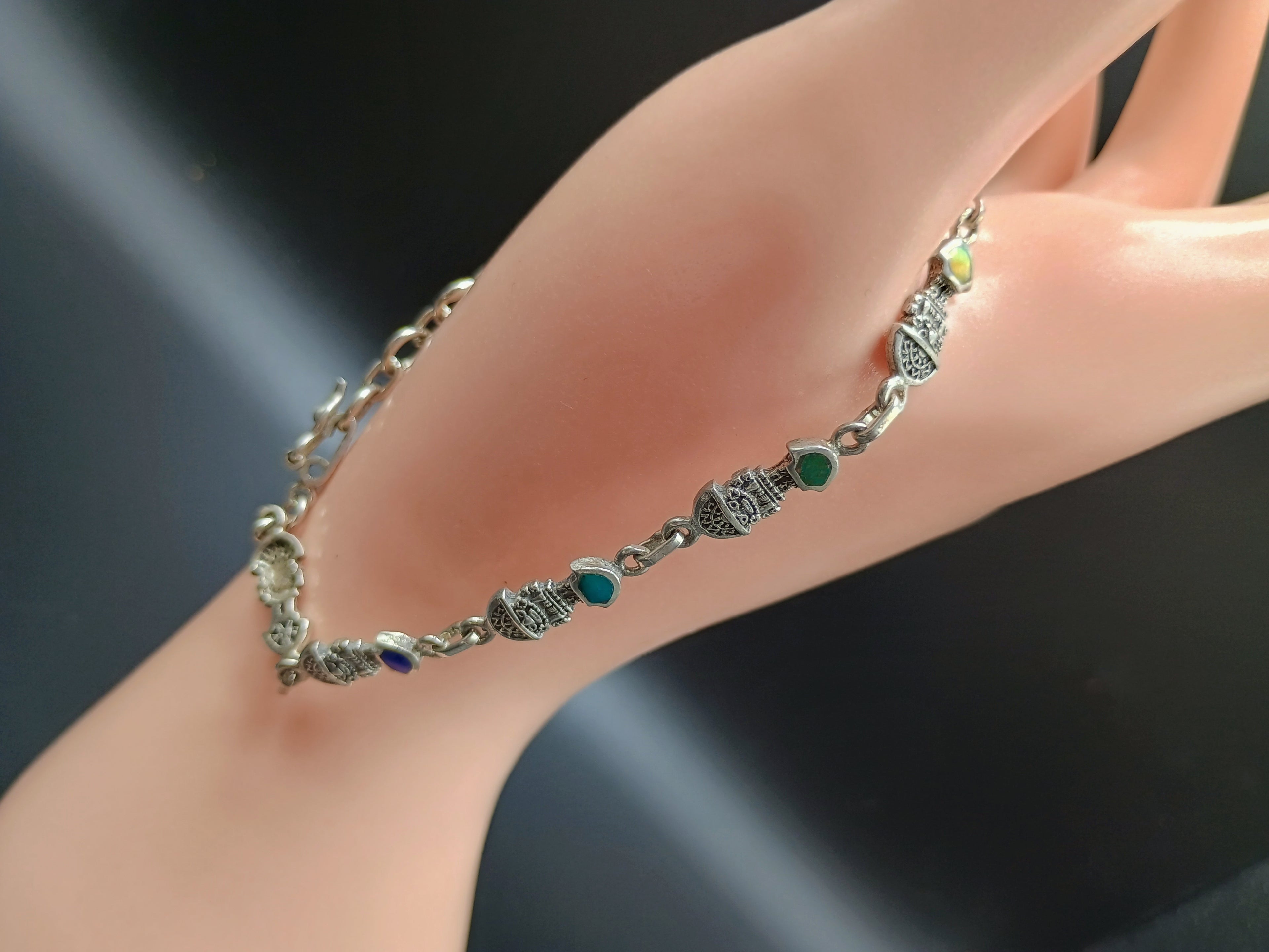 Unisex Handmade Bracelet in 950 Sterling Silver with Tumi Design and Inlaid Stone
