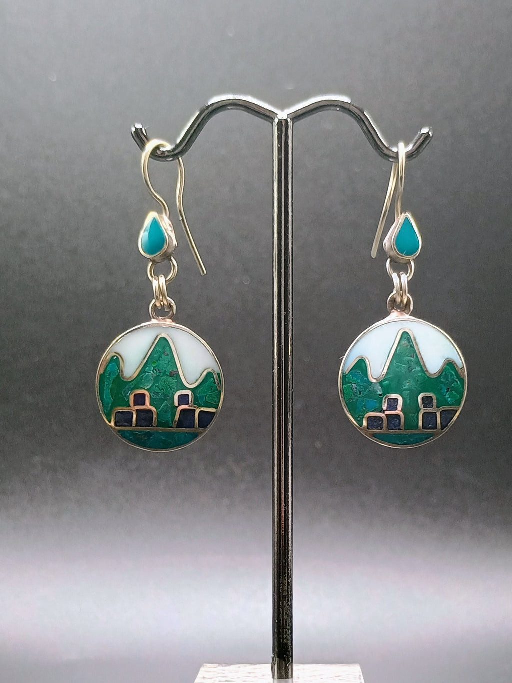 Sterling Silver 950 Earrings for Women, Machu Picchu Design with Inlaid Stone