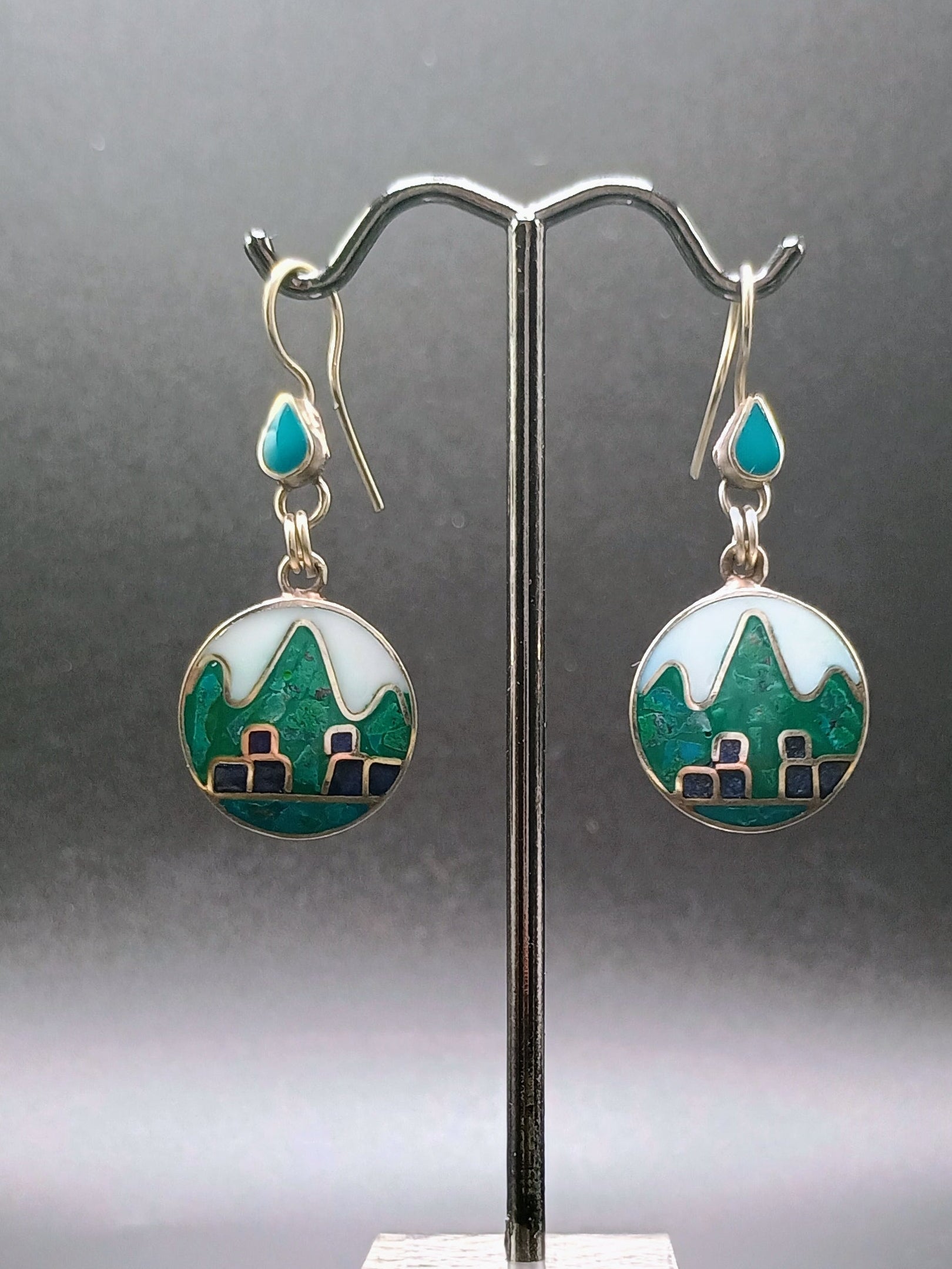 Sterling Silver 950 Earrings for Women, Machu Picchu Design with Inlaid Stone