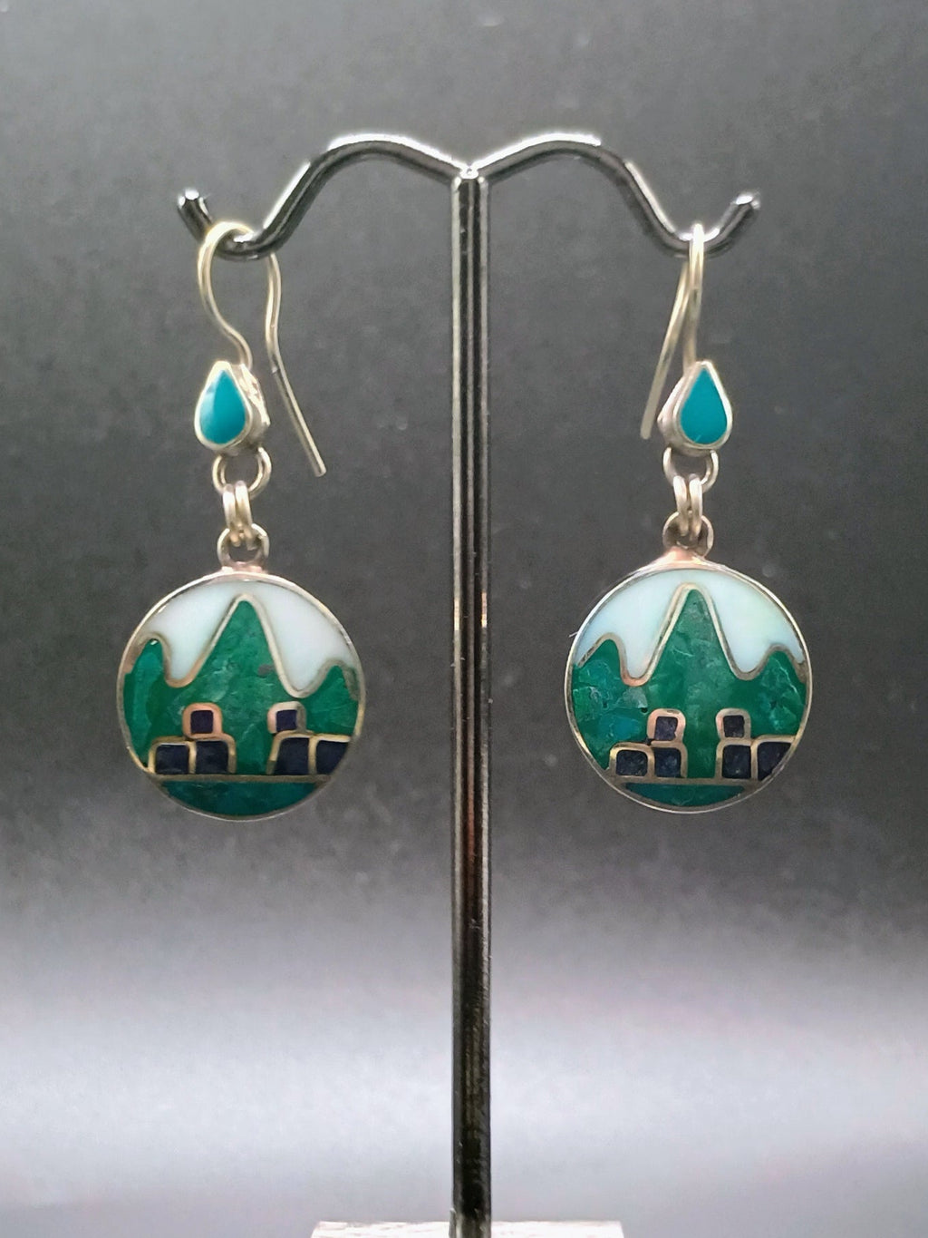 Sterling Silver 950 Earrings for Women, Machu Picchu Design with Inlaid Stone