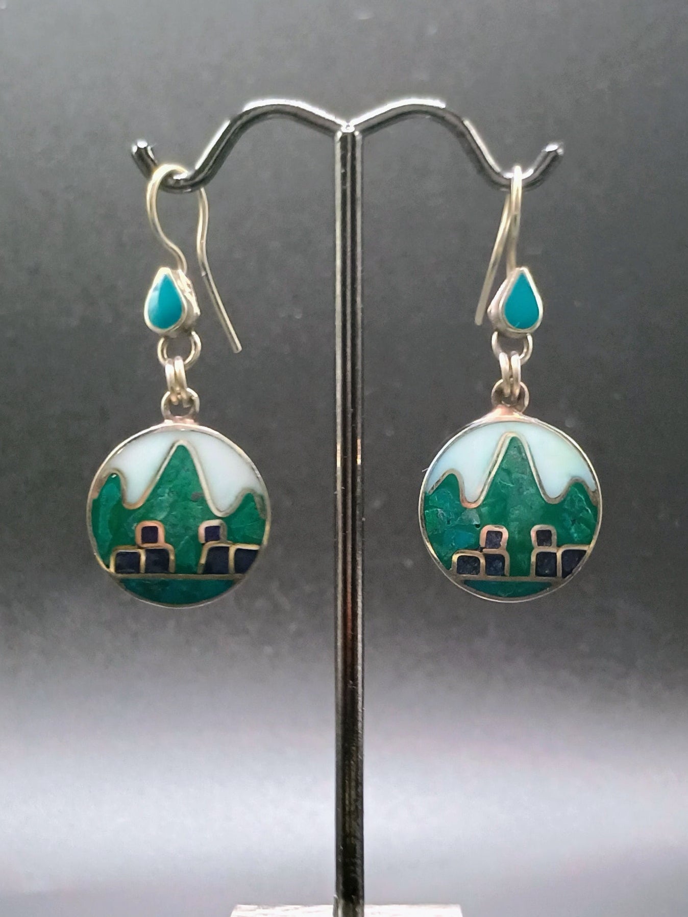 Sterling Silver 950 Earrings for Women, Machu Picchu Design with Inlaid Stone