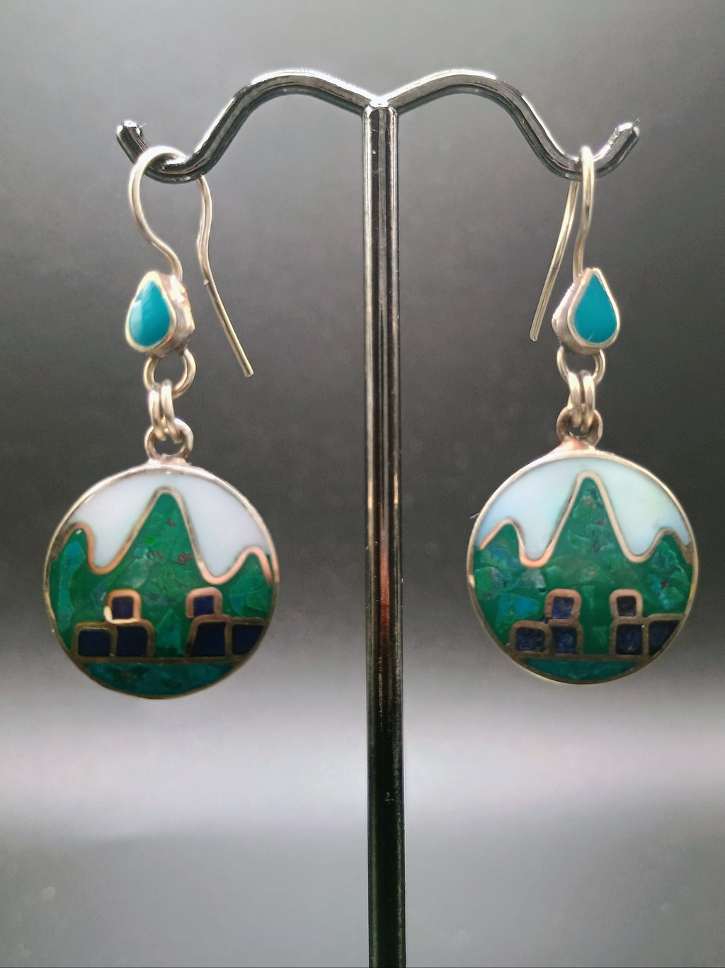 Sterling Silver 950 Earrings for Women, Machu Picchu Design with Inlaid Stone
