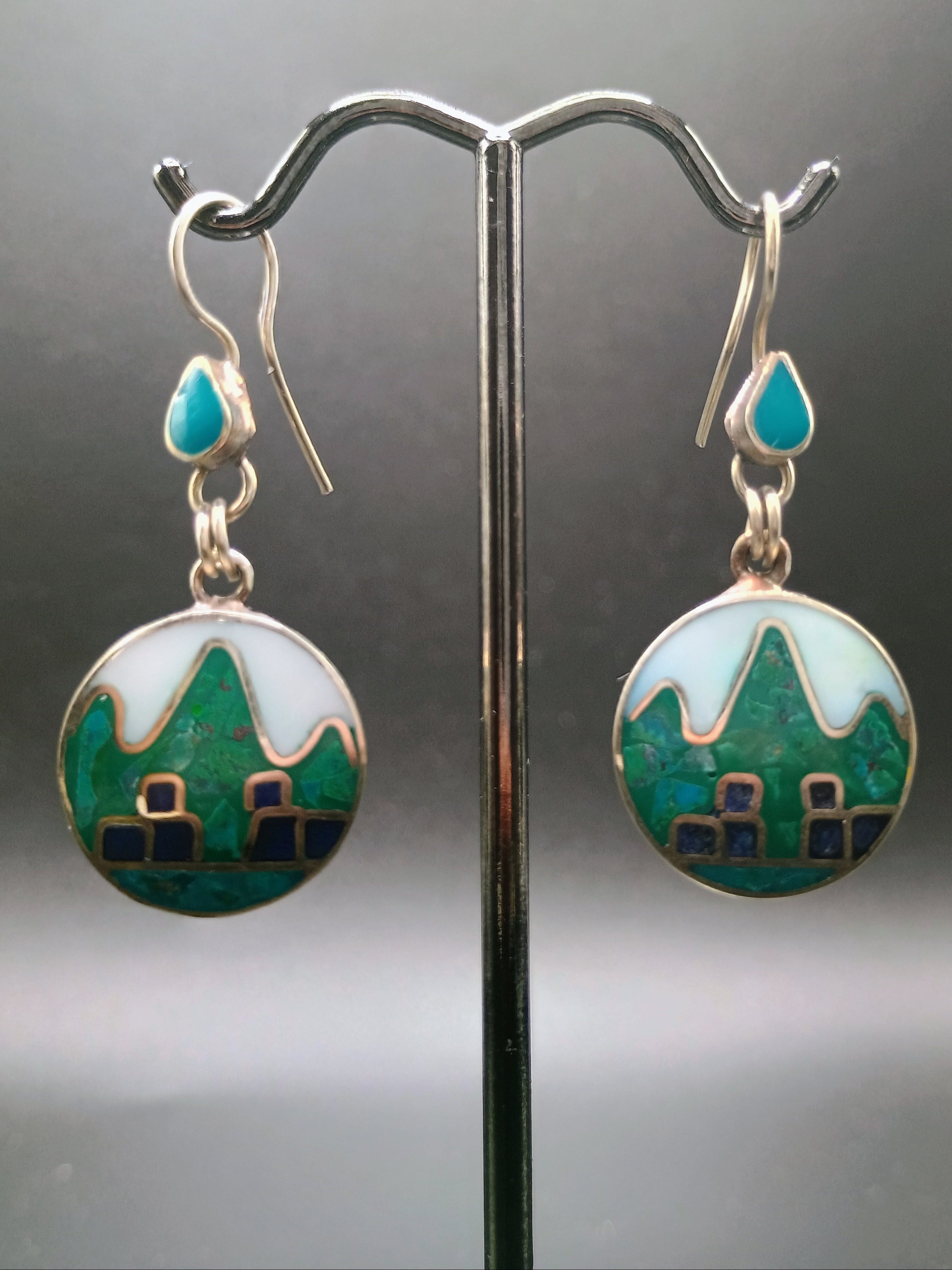 Sterling Silver 950 Earrings for Women, Machu Picchu Design with Inlaid Stone