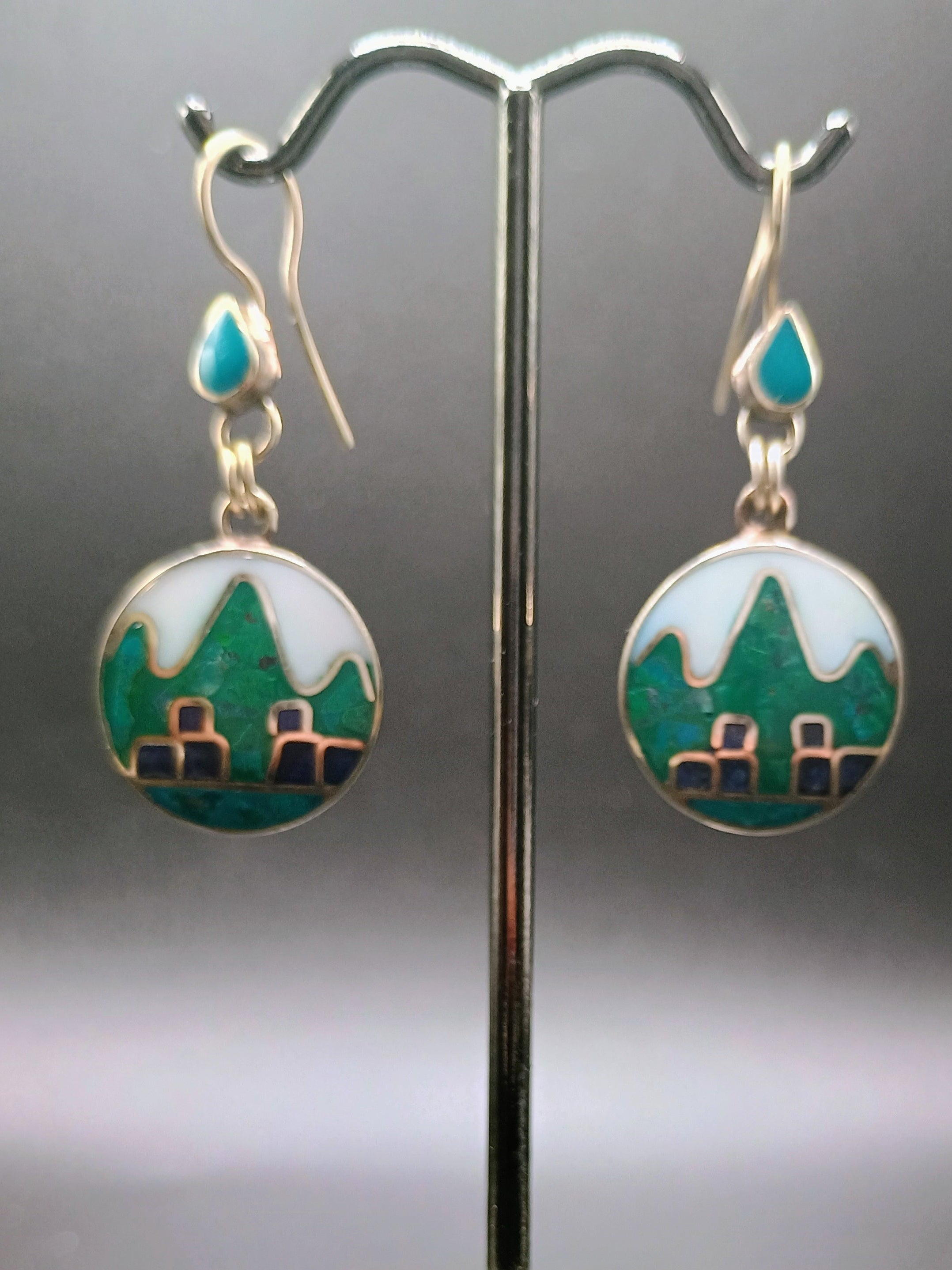 Sterling Silver 950 Earrings for Women, Machu Picchu Design with Inlaid Stone