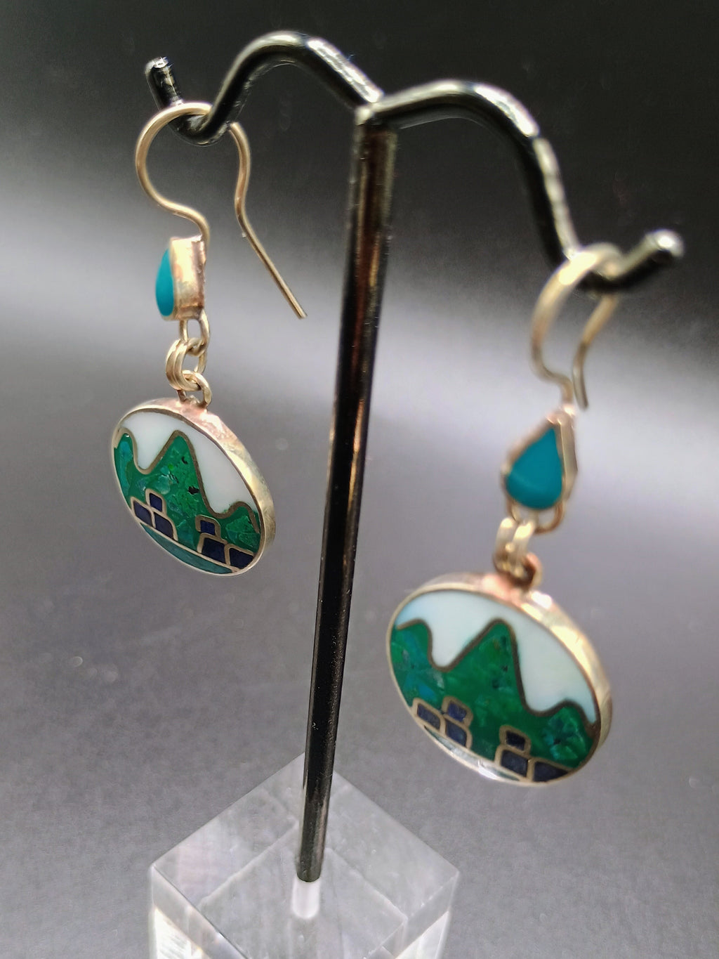 Sterling Silver 950 Earrings for Women, Machu Picchu Design with Inlaid Stone