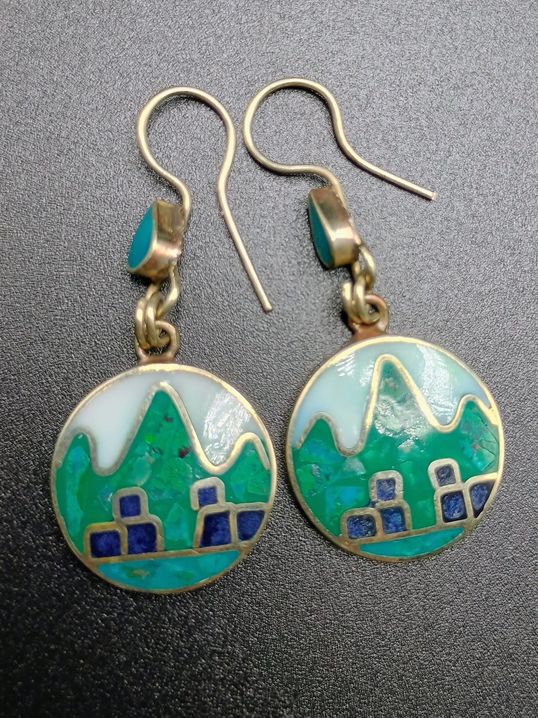 Sterling Silver 950 Earrings for Women, Machu Picchu Design with Inlaid Stone
