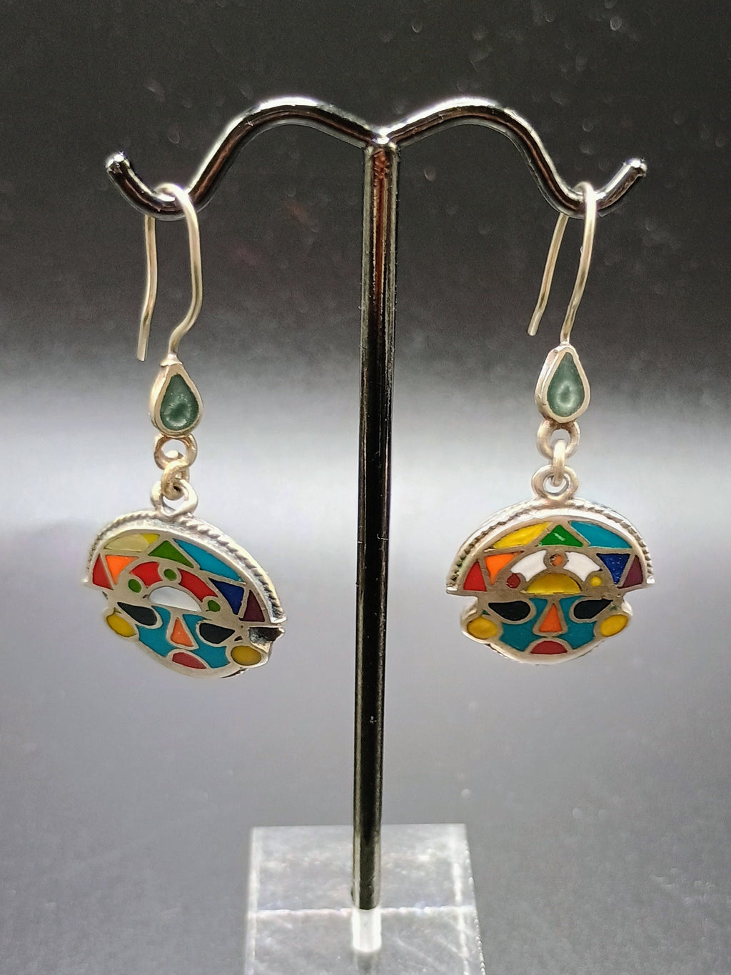 Women's Earrings in 950 Sterling Silver, Inca Tumi Design with Inlaid Stone