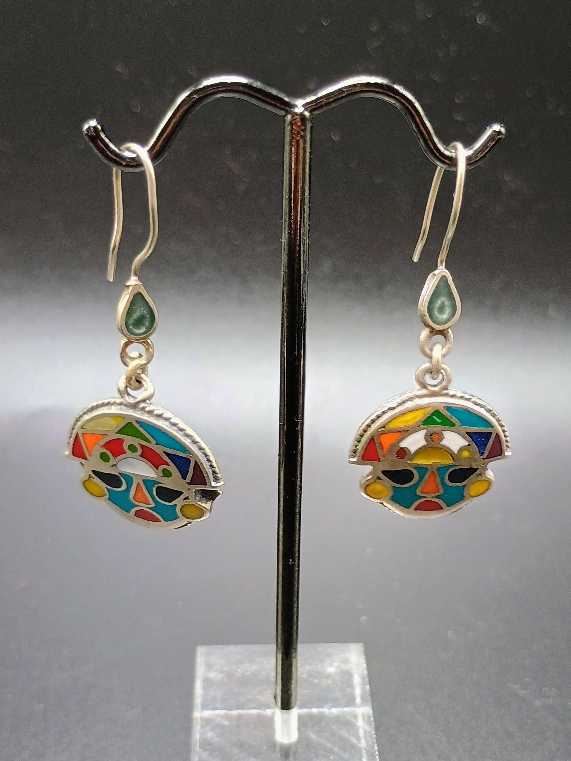 Women's Earrings in 950 Sterling Silver, Inca Tumi Design with Inlaid Stone