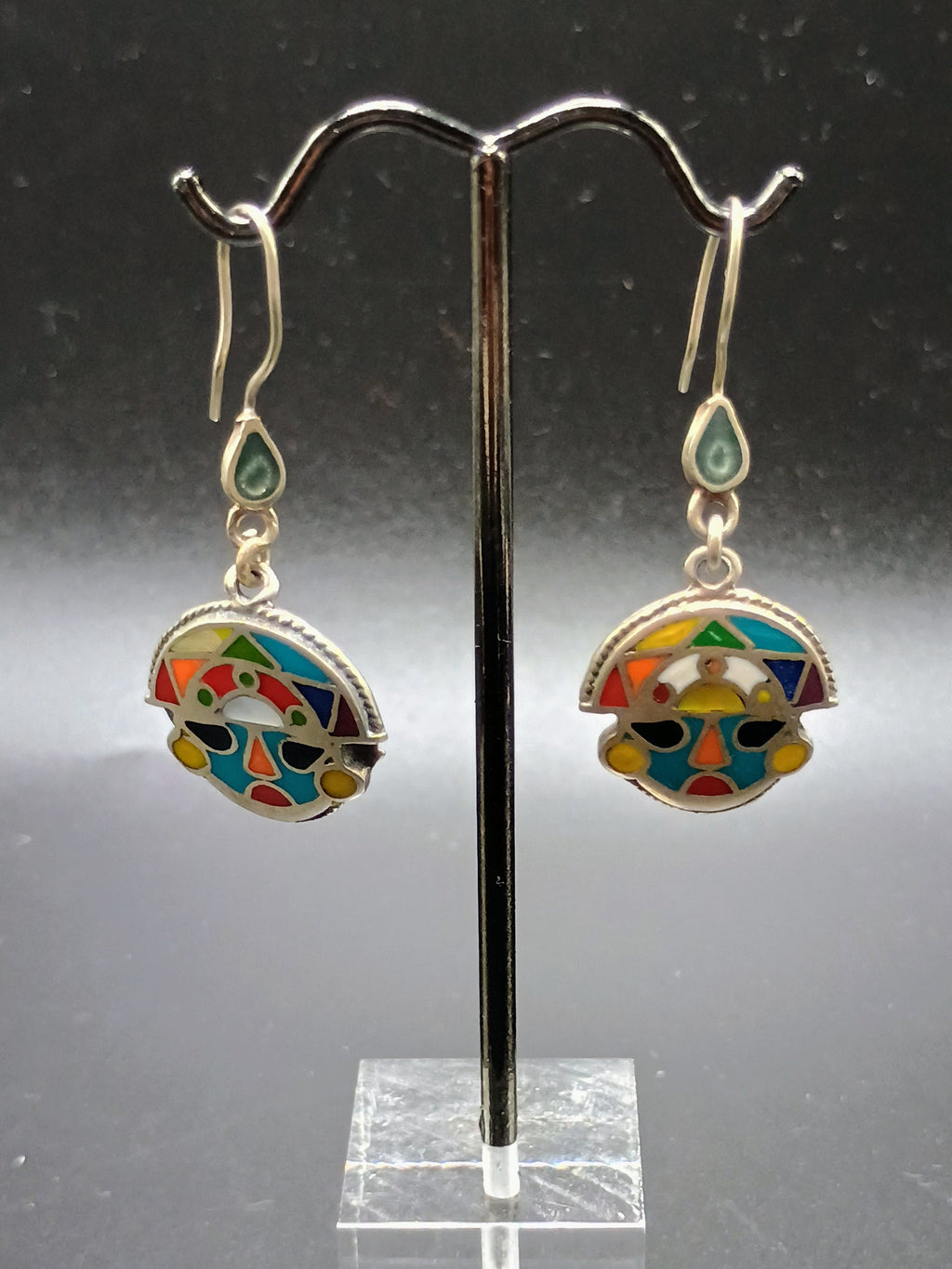 Women's Earrings in 950 Sterling Silver, Inca Tumi Design with Inlaid Stone