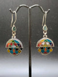 Women's Earrings in 950 Sterling Silver, Inca Tumi Design with Inlaid Stone